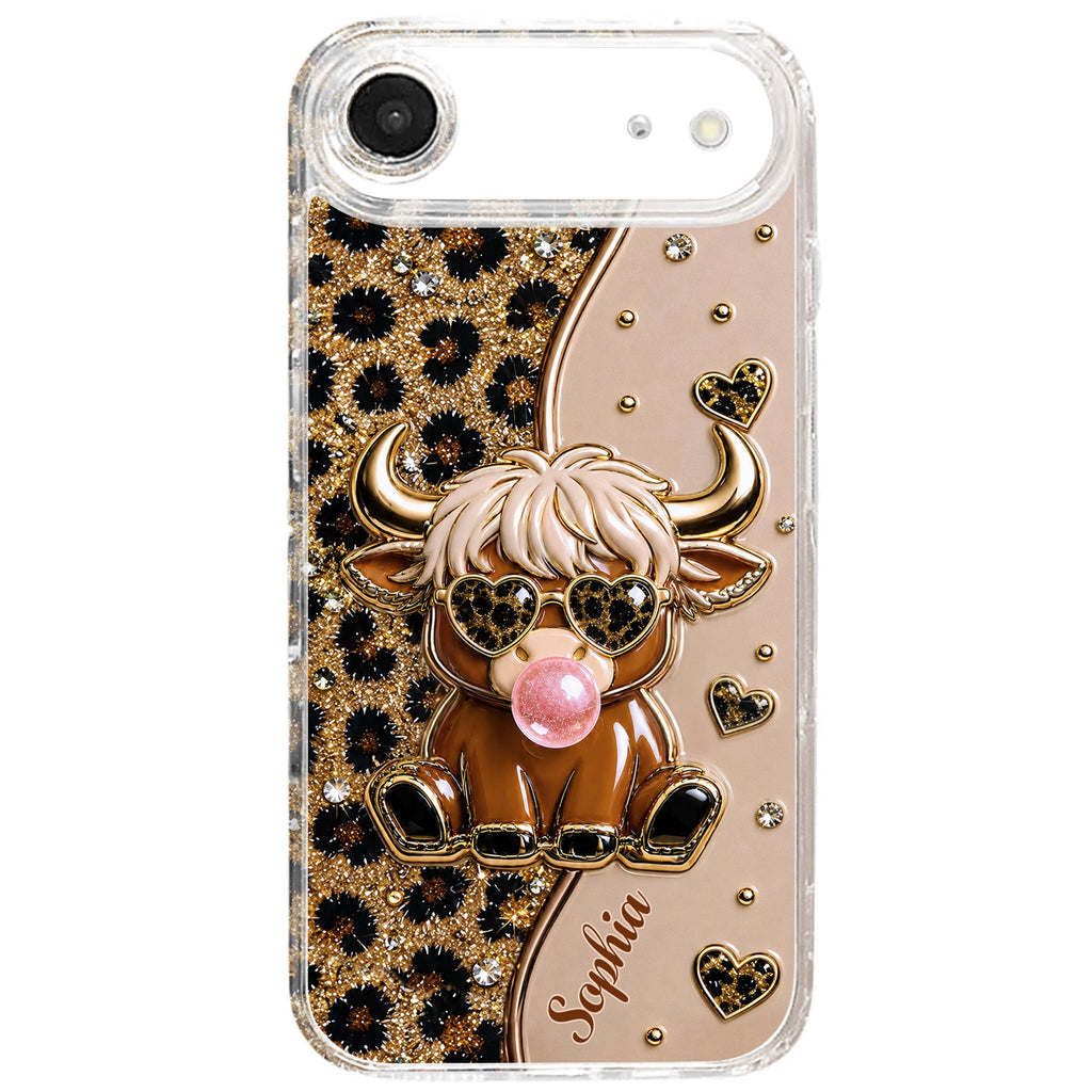 Personalized Clear Phone Case Highland Cow with Hearts Gift