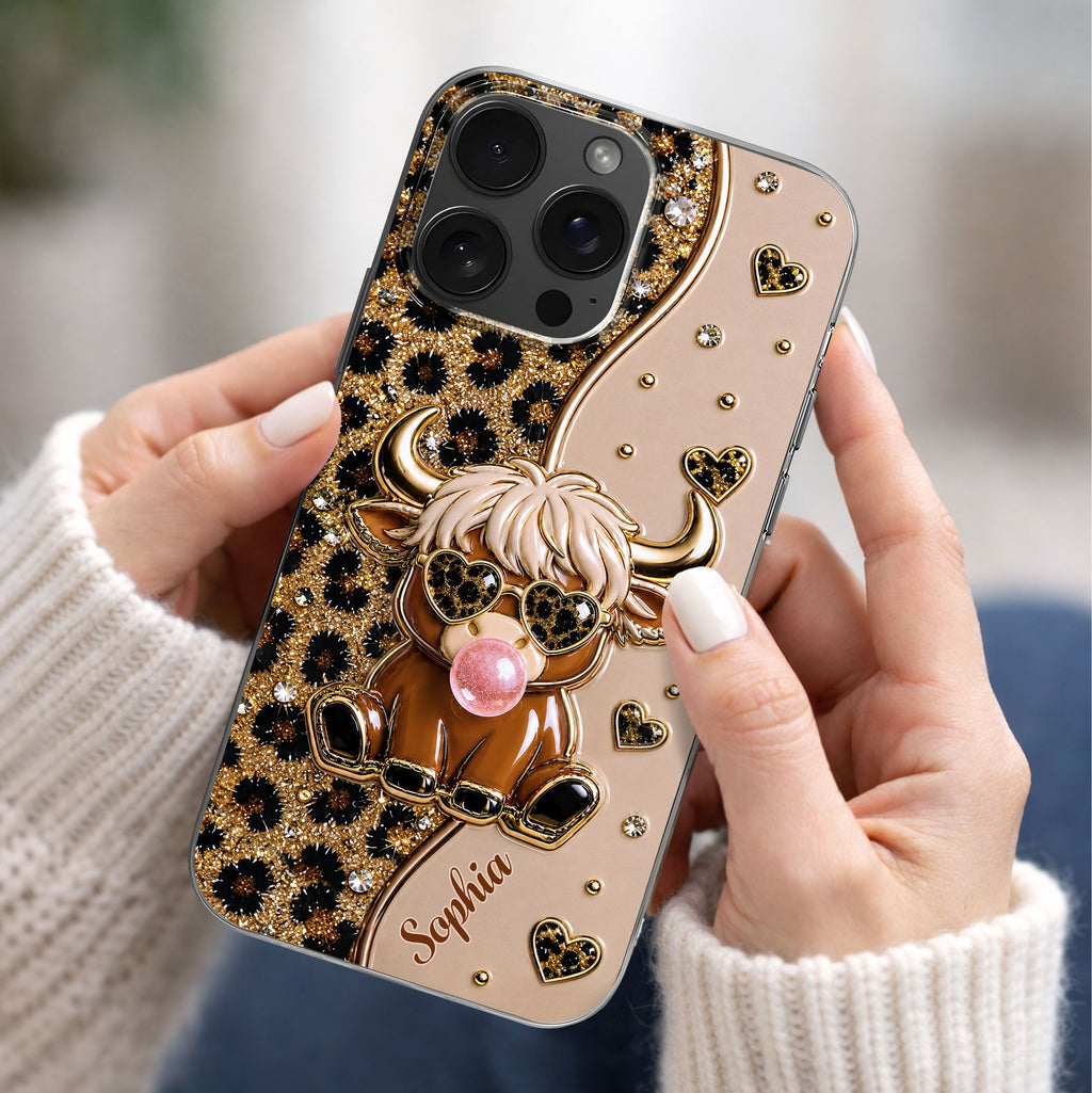 Personalized Clear Phone Case Highland Cow with Hearts Gift