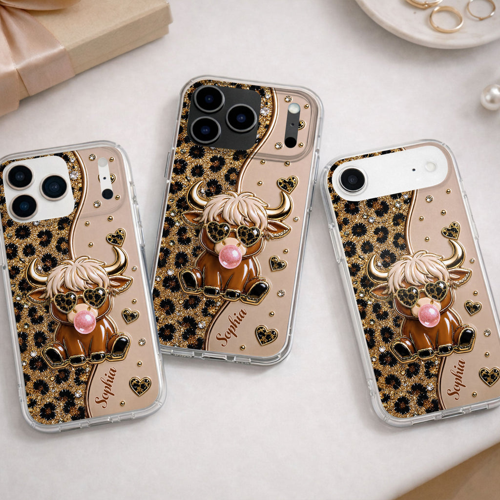Personalized Clear Phone Case Highland Cow with Hearts Gift
