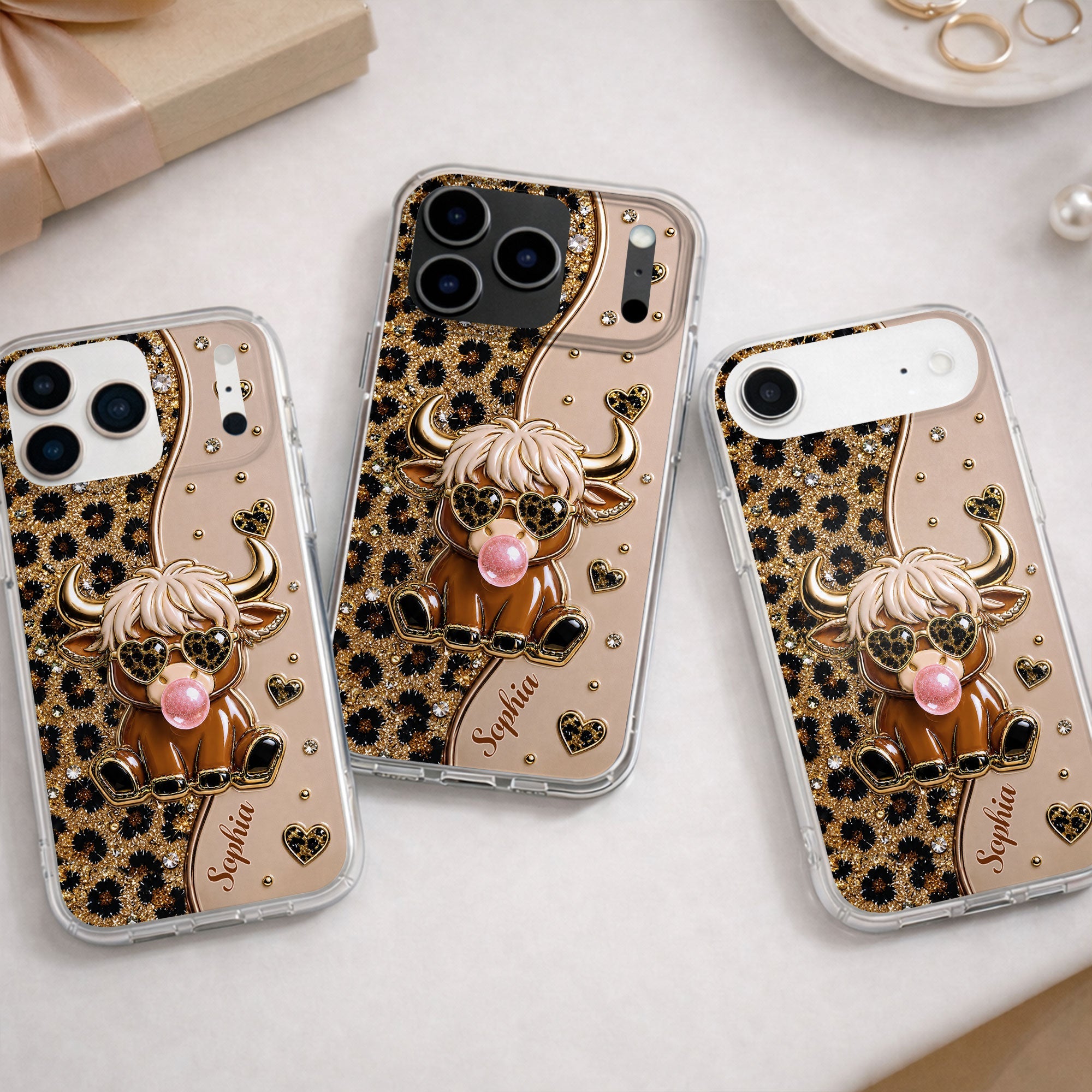 Personalized Clear Phone Case Highland Cow with Hearts Gift