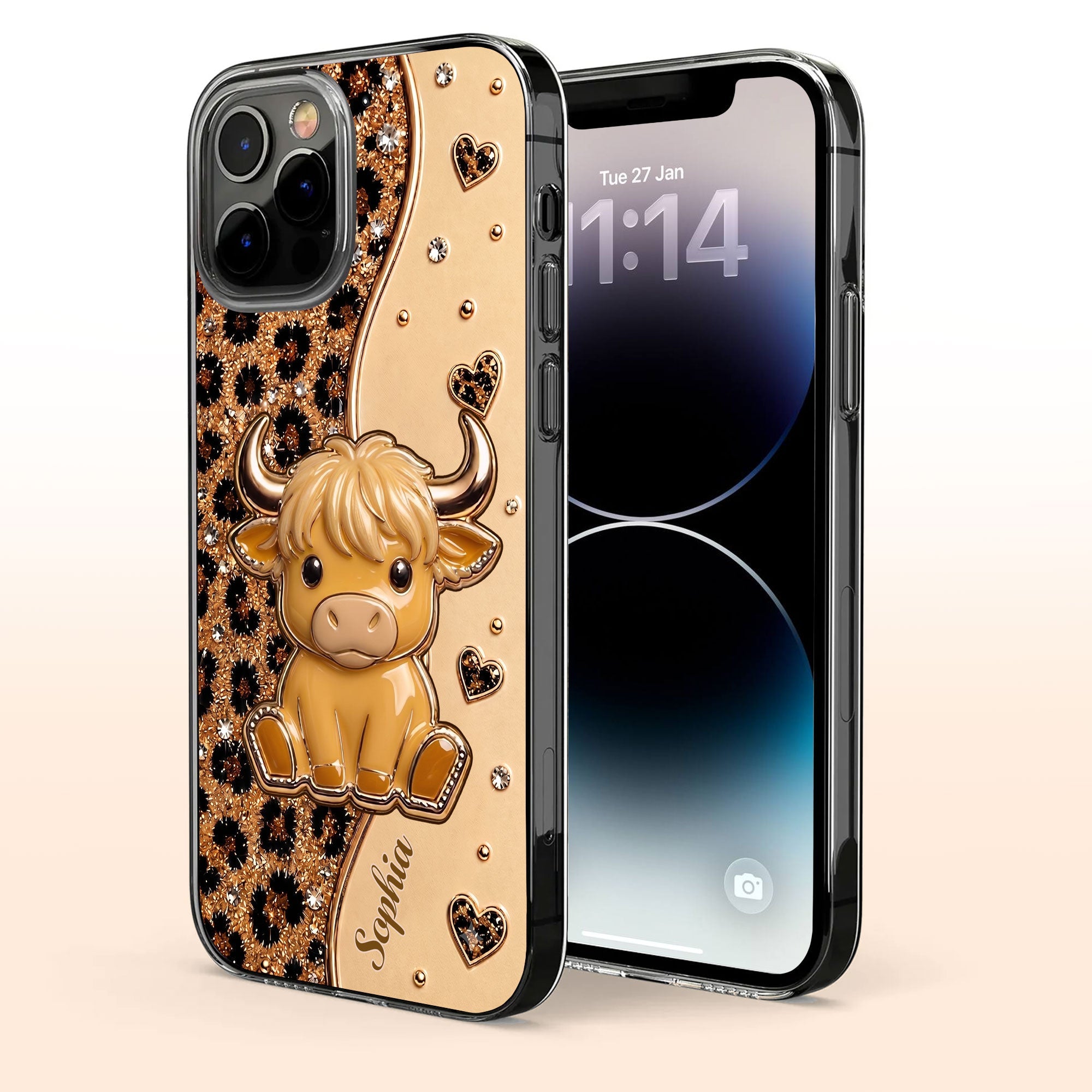 Personalized Clear Phone Case Cute Pink Highland Cow Gift