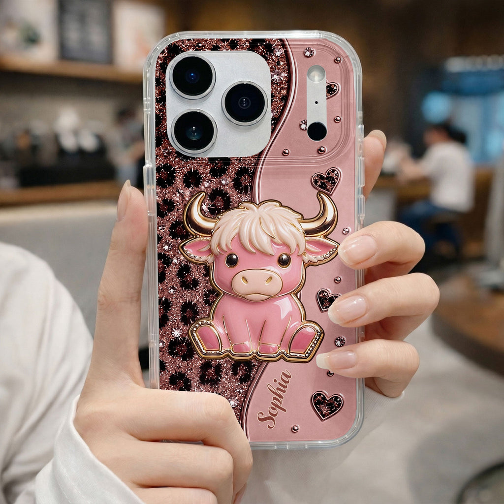 Personalized Clear Phone Case Cute Pink Highland Cow Gift