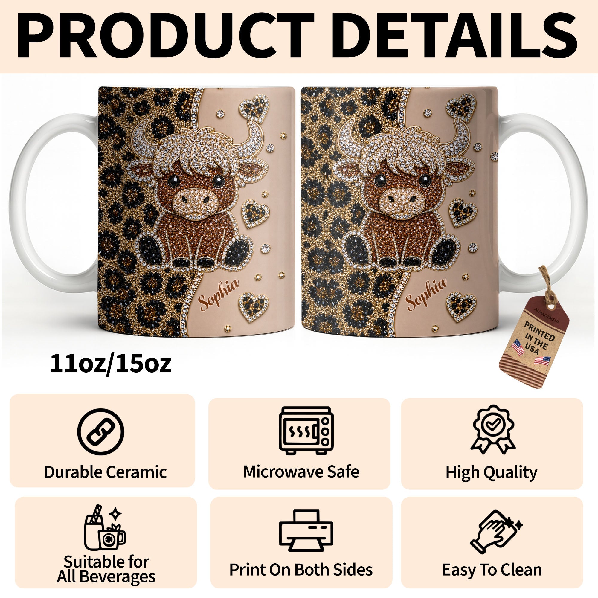 Personalized Highland Cow Coffee Mug Custom Name Gift for Cow Lovers Edge-to-edge Mug GradoCreations