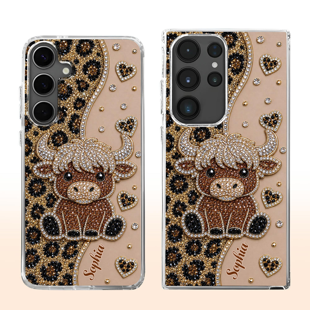 Personalized Clear Phone Case Highland Cow Glitter Cheetah Gift