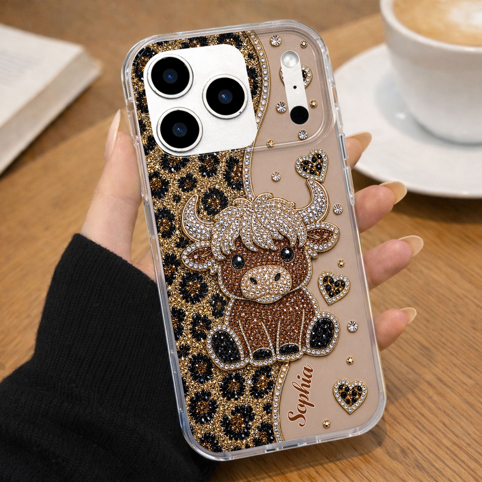 Personalized Clear Phone Case Highland Cow Glitter Cheetah Gift