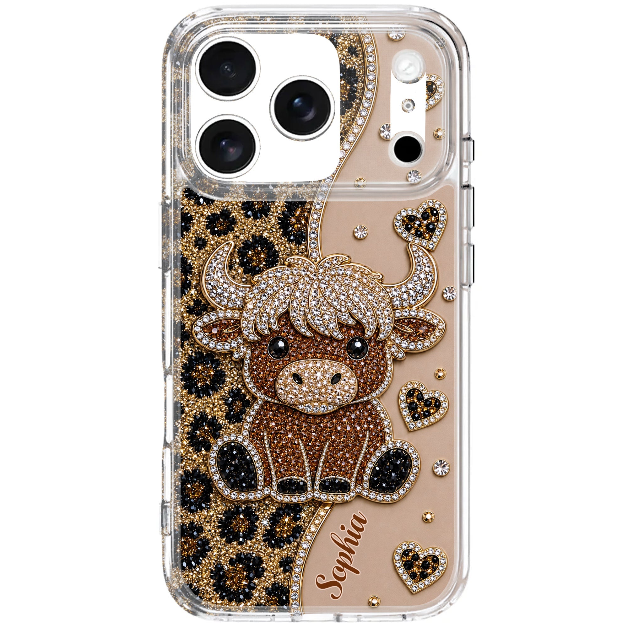 Personalized Clear Phone Case Highland Cow Glitter Cheetah Gift