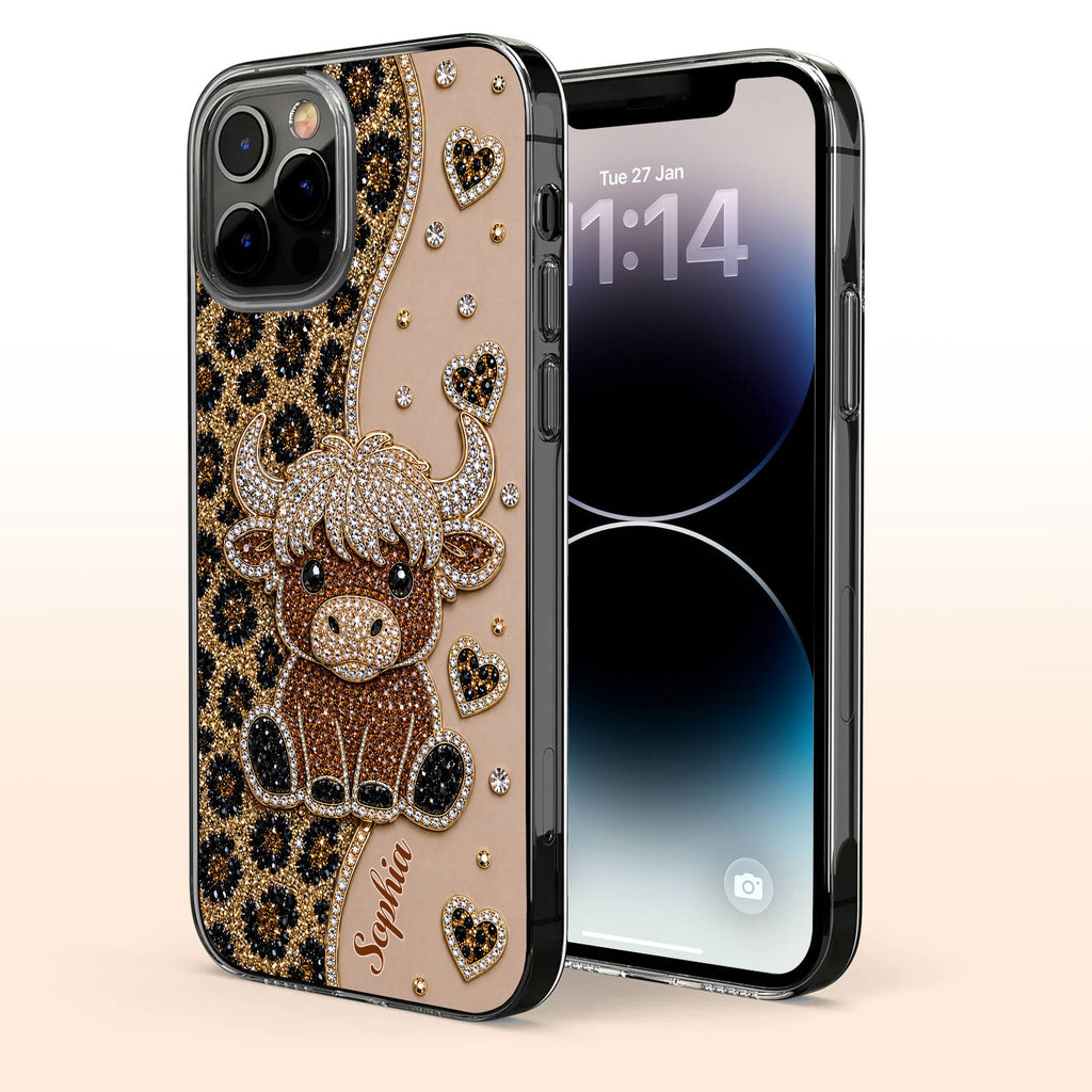 Personalized Clear Phone Case Highland Cow Glitter Cheetah Gift