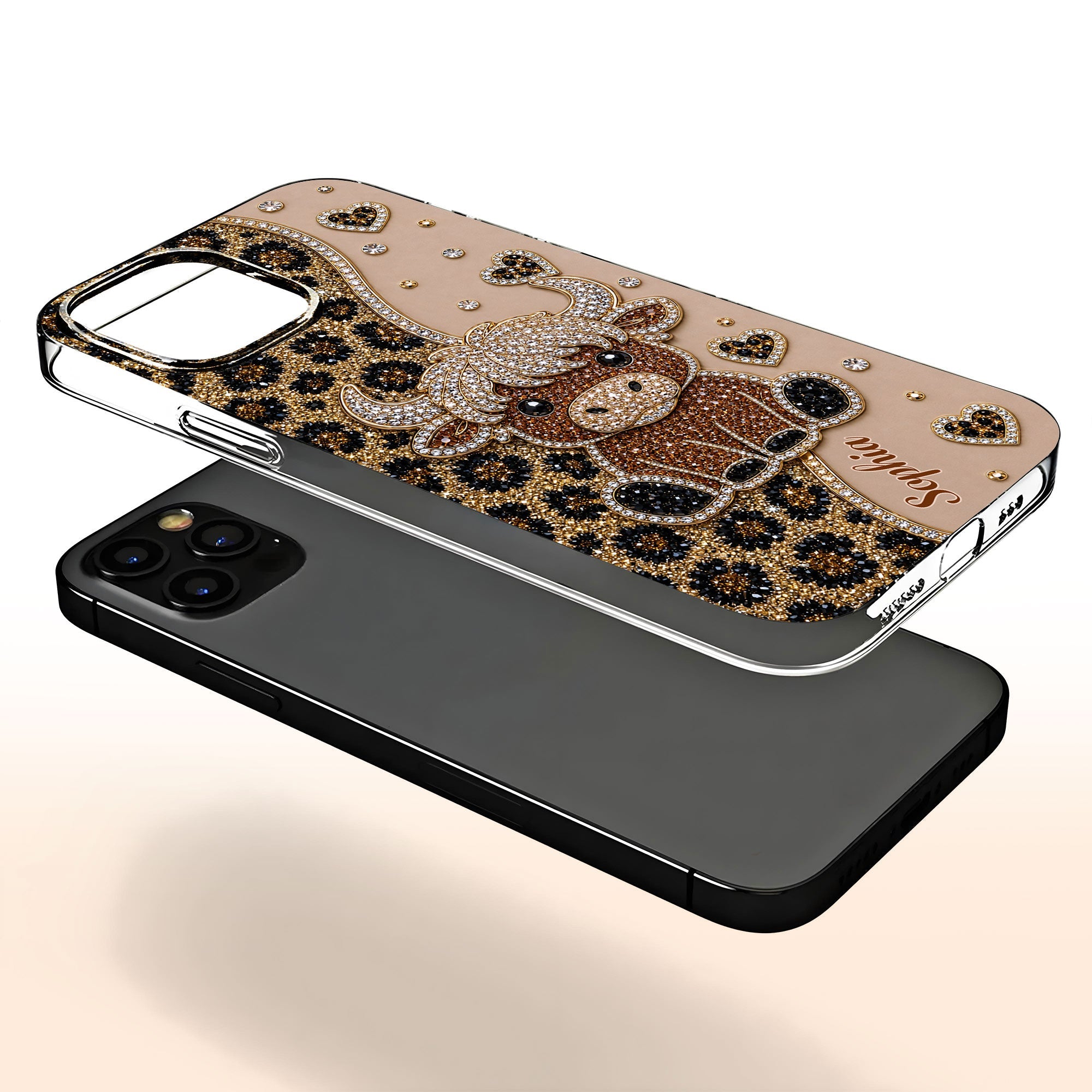 Personalized Clear Phone Case Highland Cow Glitter Cheetah Gift