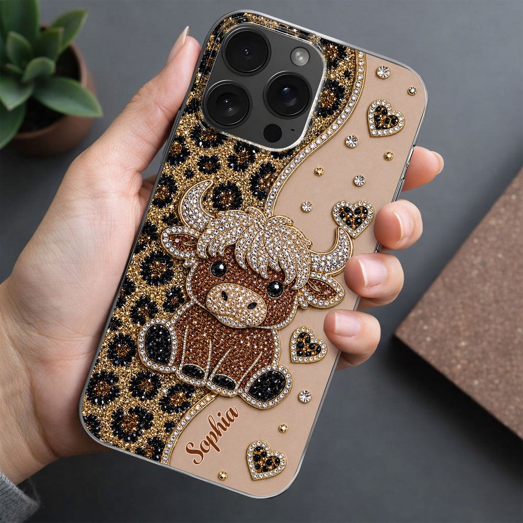 Personalized Clear Phone Case Highland Cow Glitter Cheetah Gift