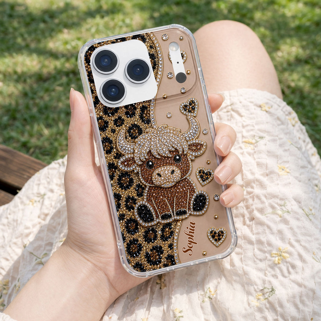 Personalized Clear Phone Case Highland Cow Glitter Cheetah Gift