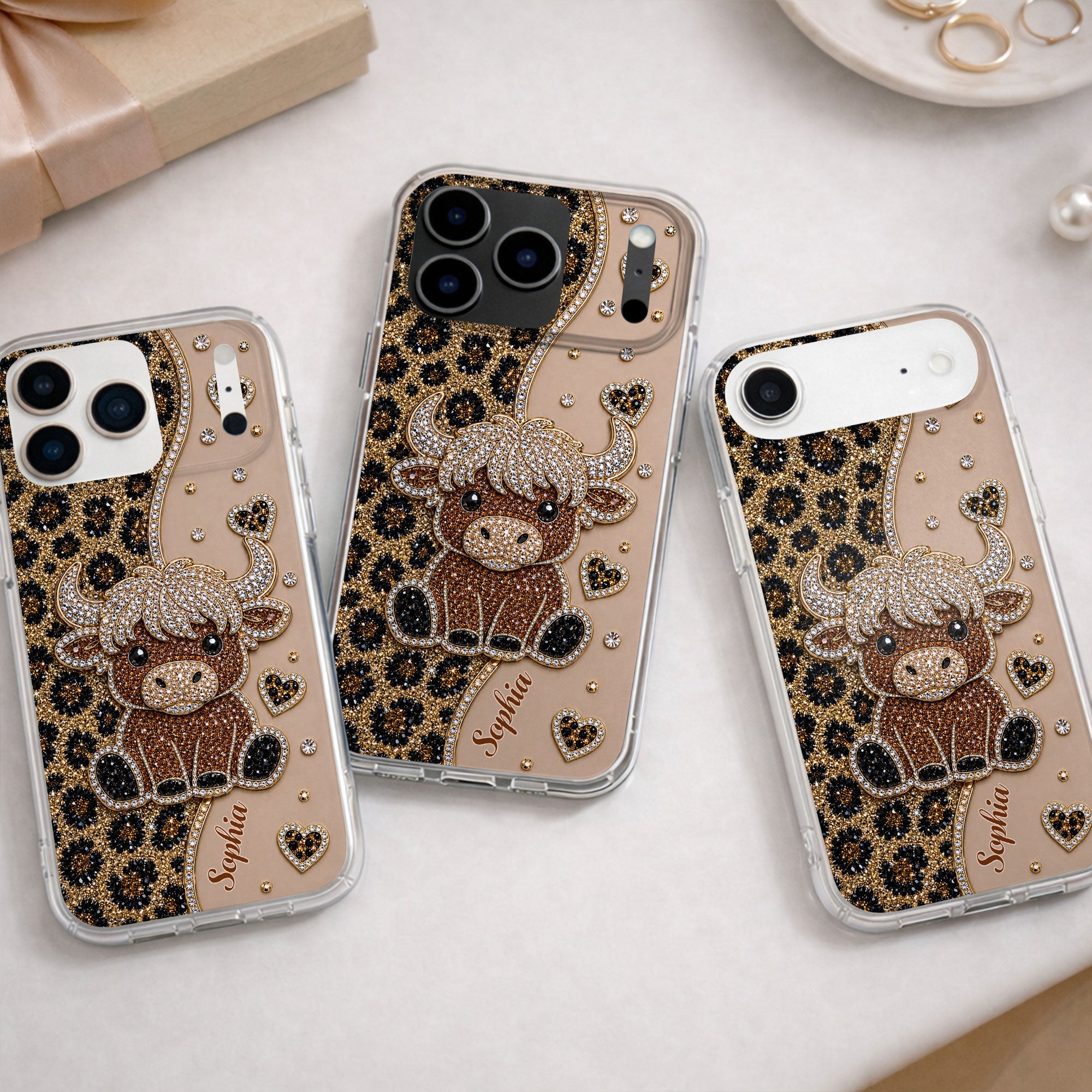 Personalized Clear Phone Case Highland Cow Glitter Cheetah Gift