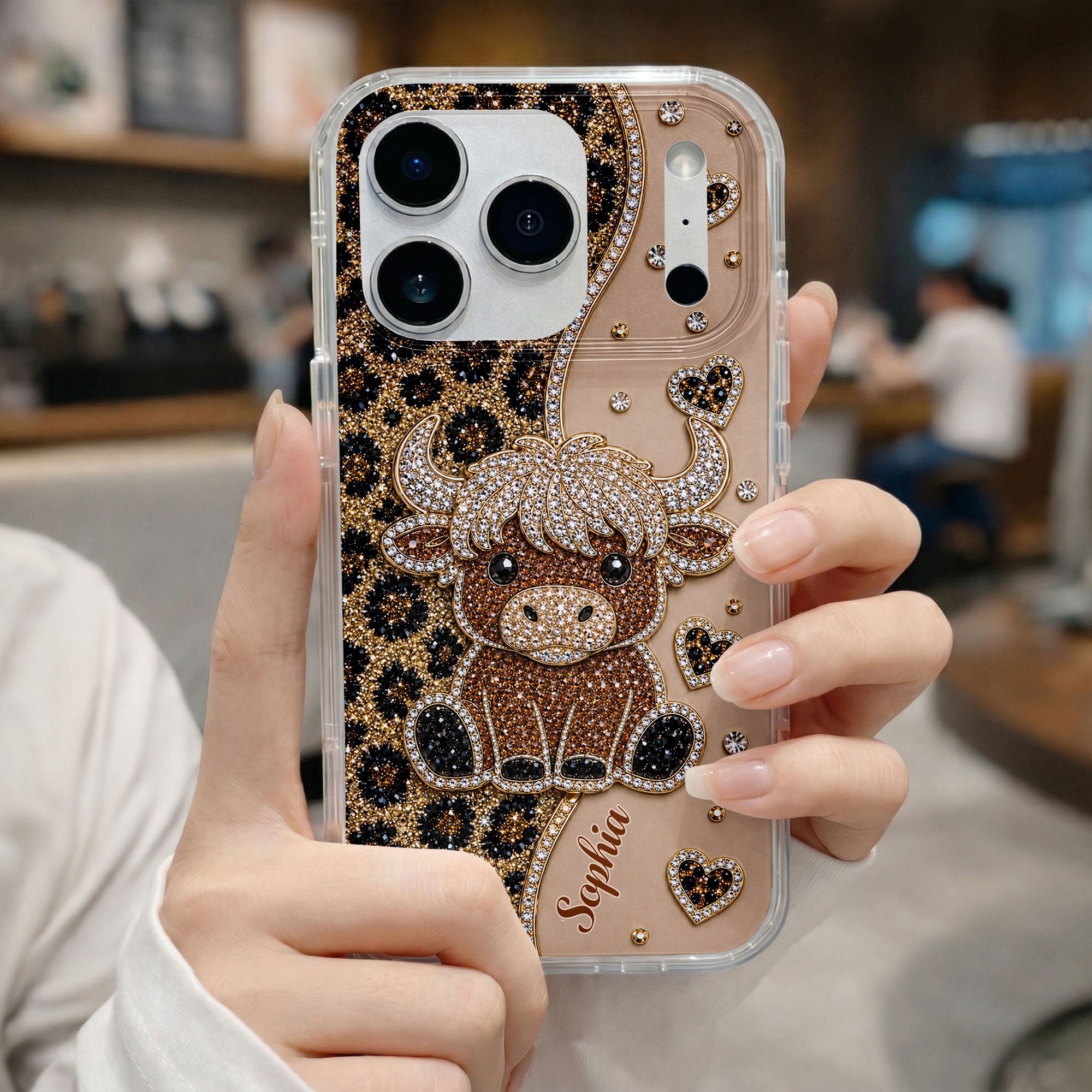 Personalized Clear Phone Case Highland Cow Glitter Cheetah Gift