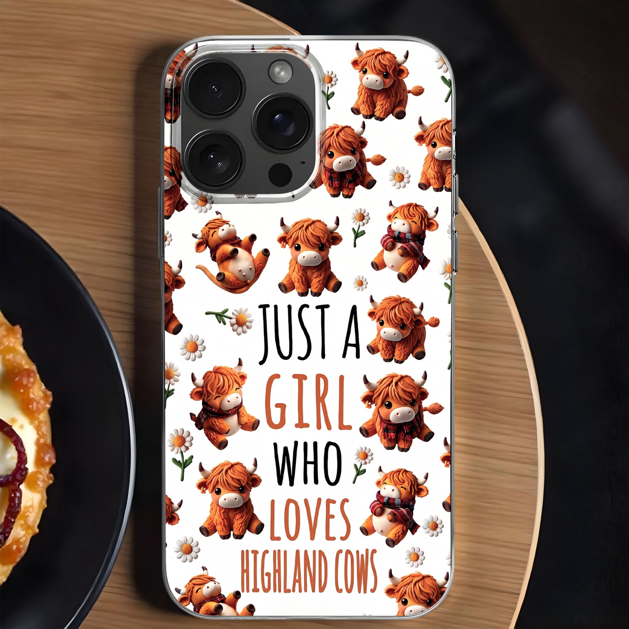 Personalized Clear Phone Case with Highland Cows and Flowers for Her