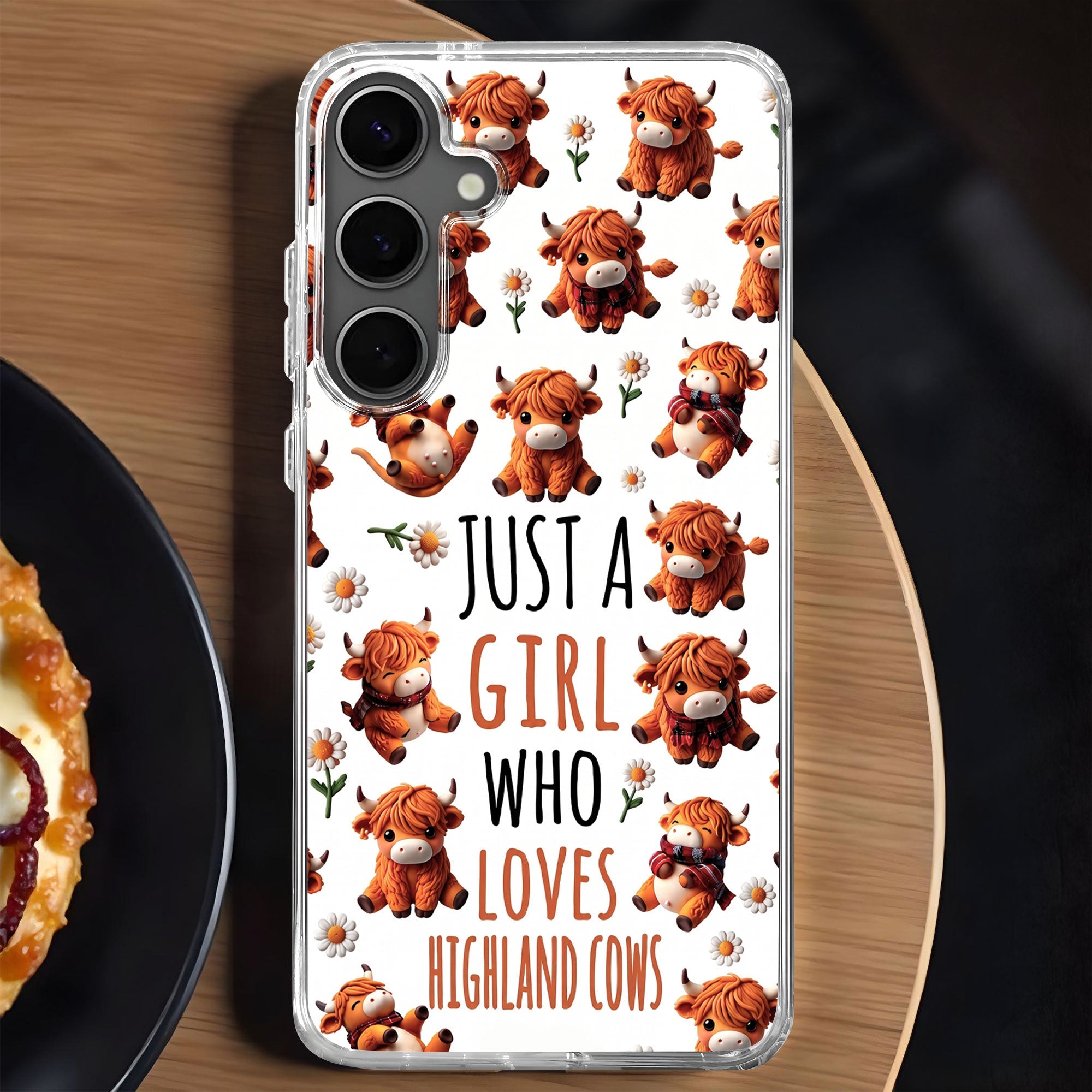 Personalized Clear Phone Case with Highland Cows and Flowers for Her