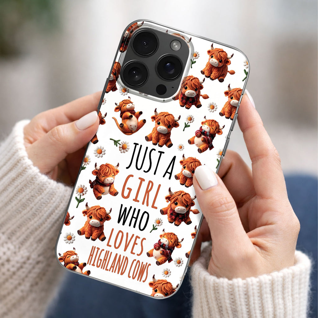 Personalized Clear Phone Case with Highland Cows and Flowers for Her