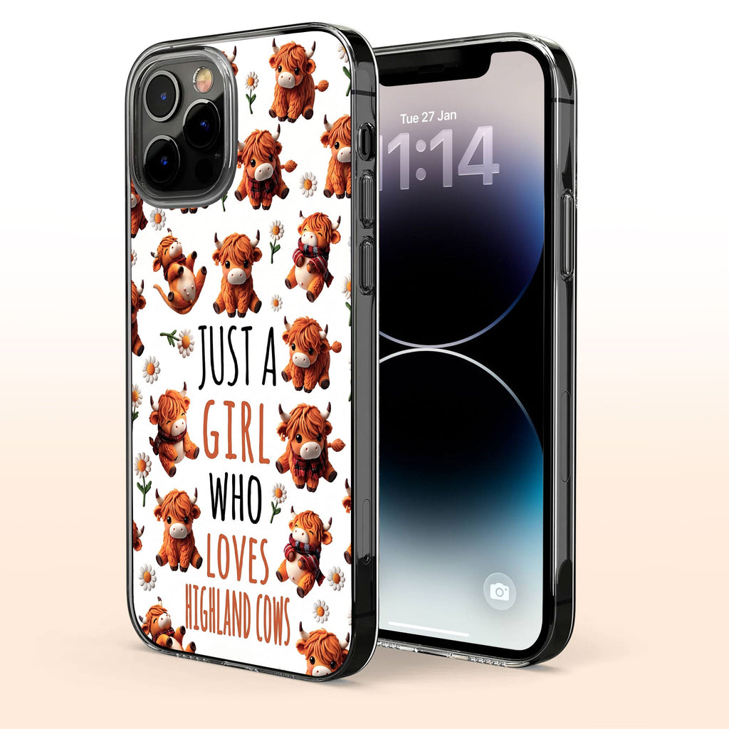 Personalized Clear Phone Case with Highland Cows and Flowers for Her
