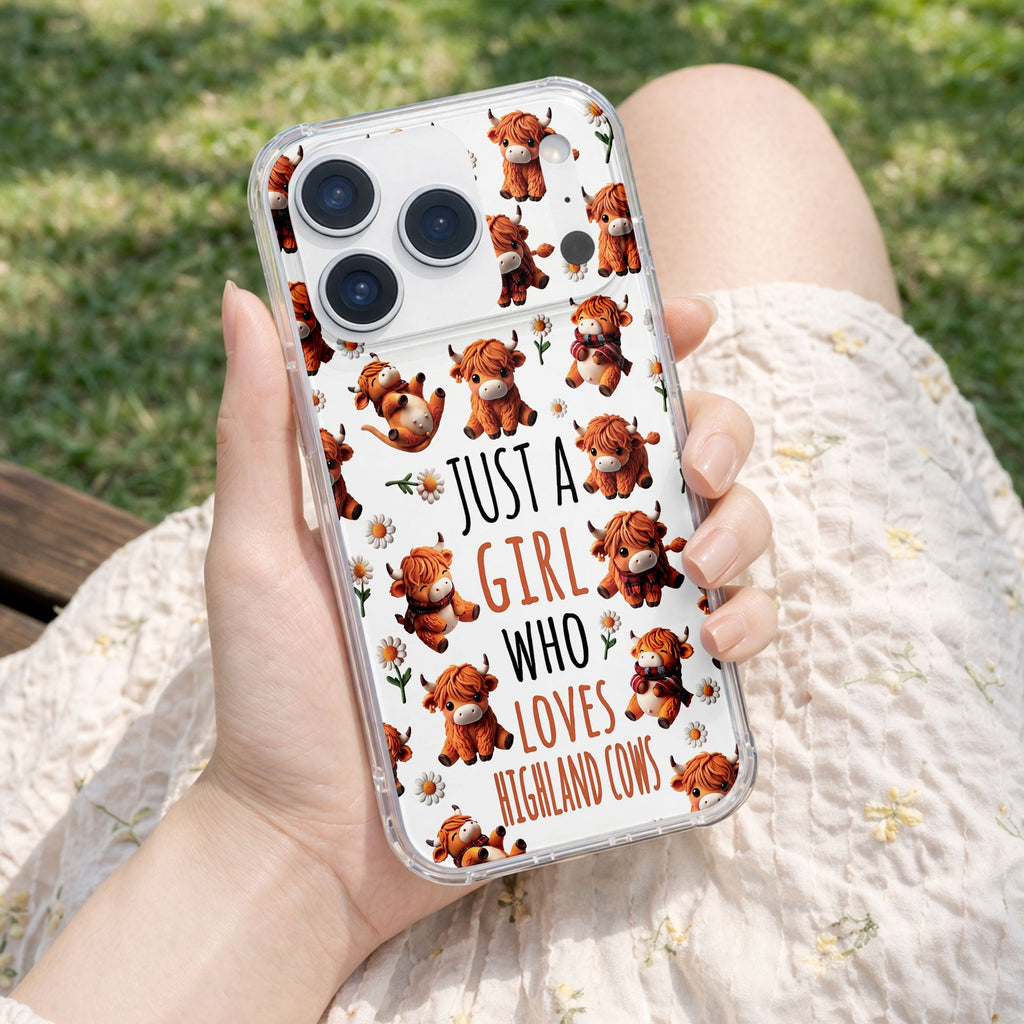 Personalized Clear Phone Case with Highland Cows and Flowers for Her