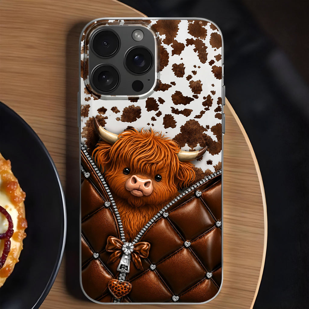 Personalized Clear Phone Case with Cute Highland Cow Design