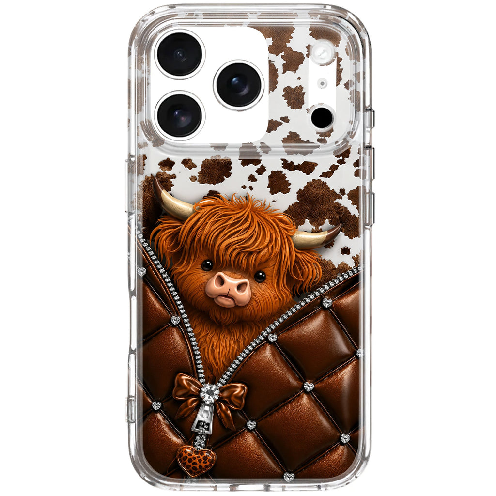 Personalized Clear Phone Case with Cute Highland Cow Design