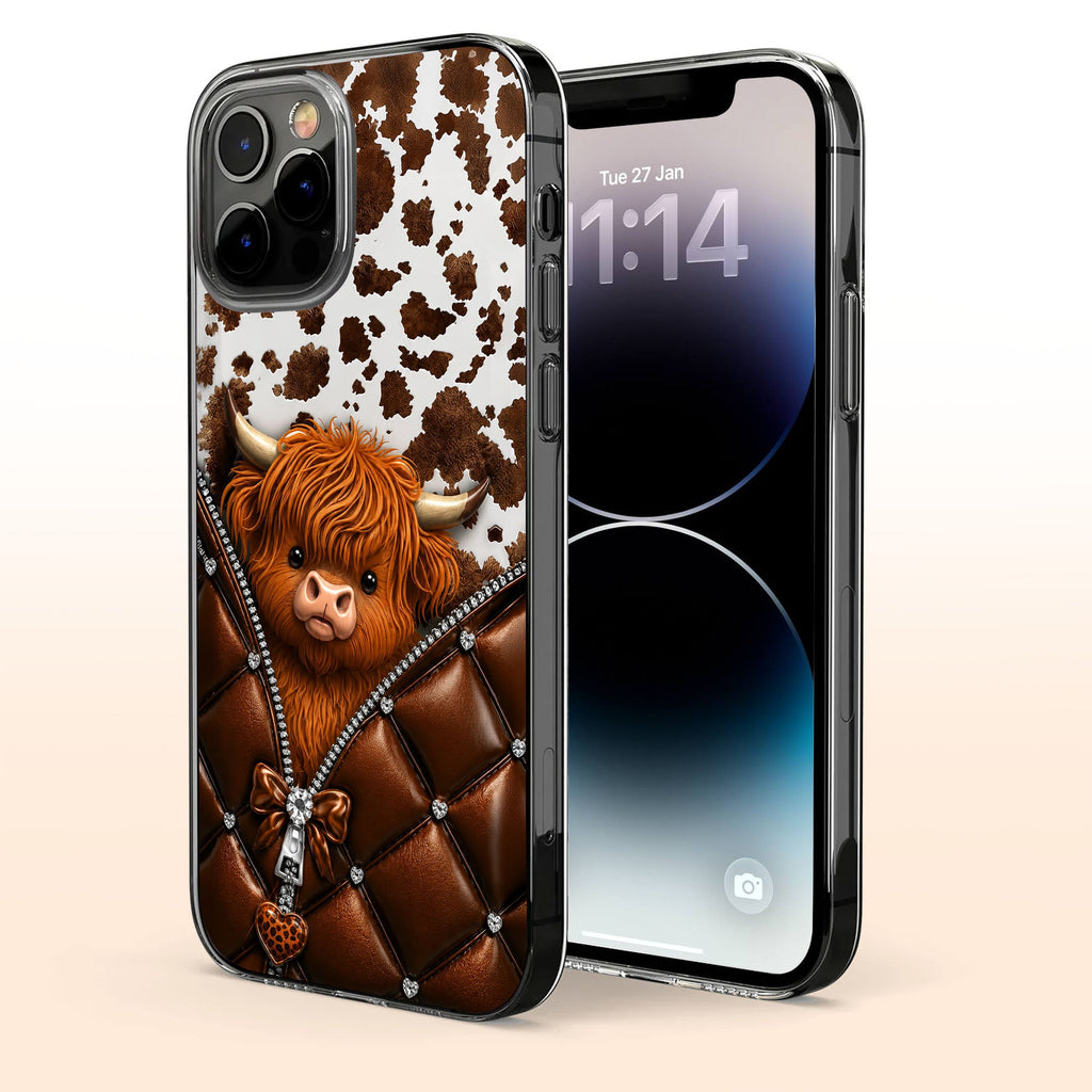 Personalized Clear Phone Case with Cute Highland Cow Design