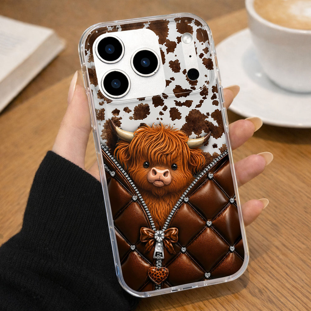 Personalized Clear Phone Case with Cute Highland Cow Design