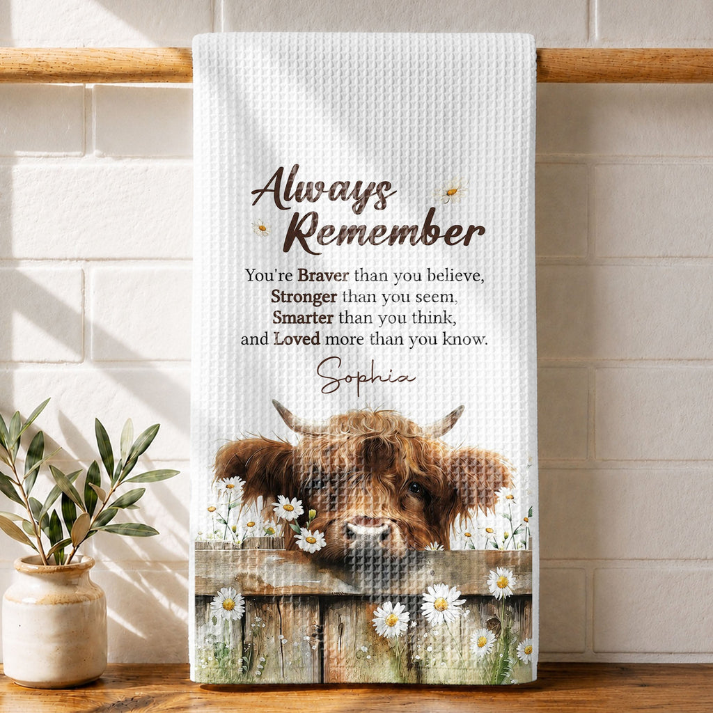 Personalized Kitchen Towel Custom Name Highland Cow Daisy Gift Kitchen Towel GradoCreations