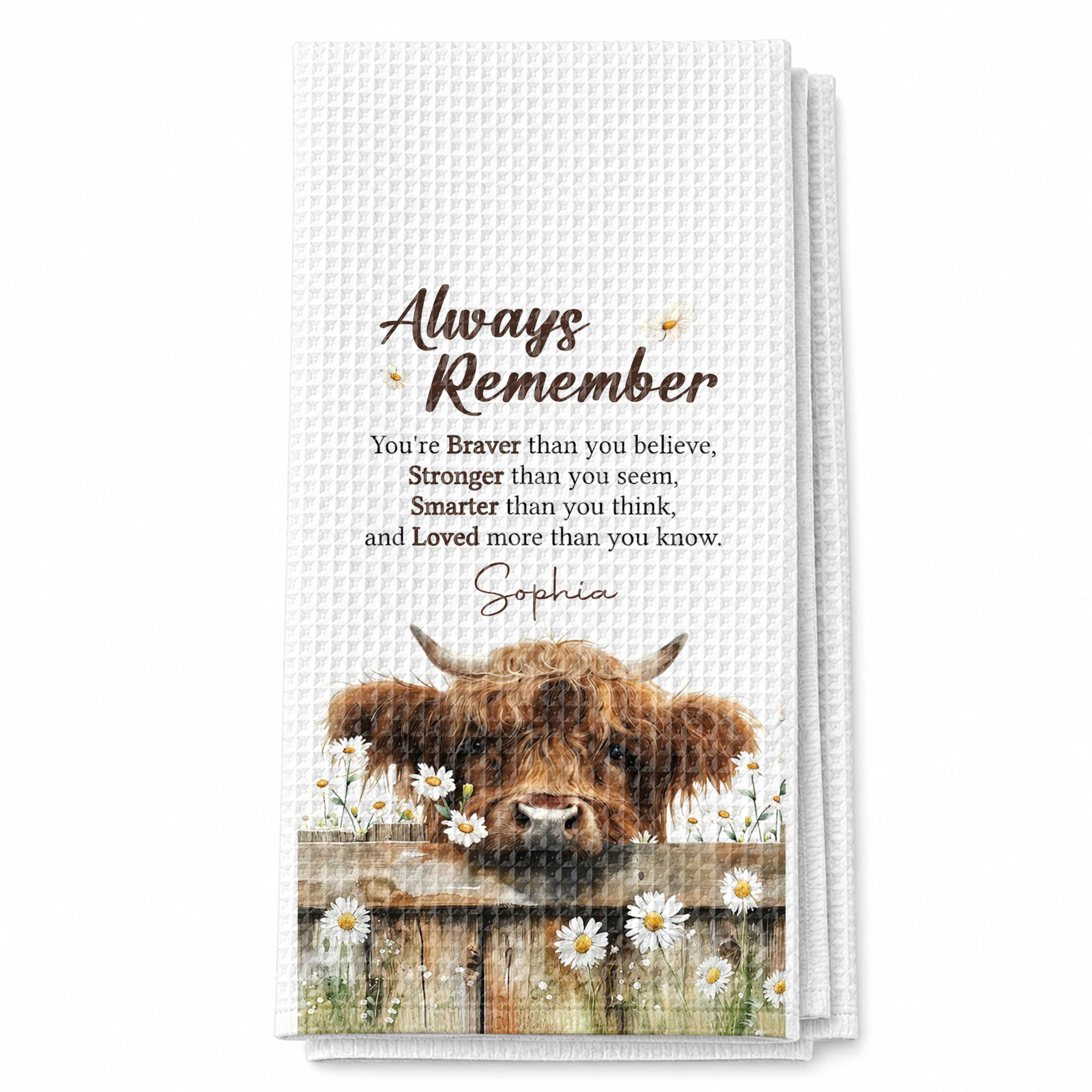 Personalized Kitchen Towel Custom Name Highland Cow Daisy Gift Kitchen Towel GradoCreations