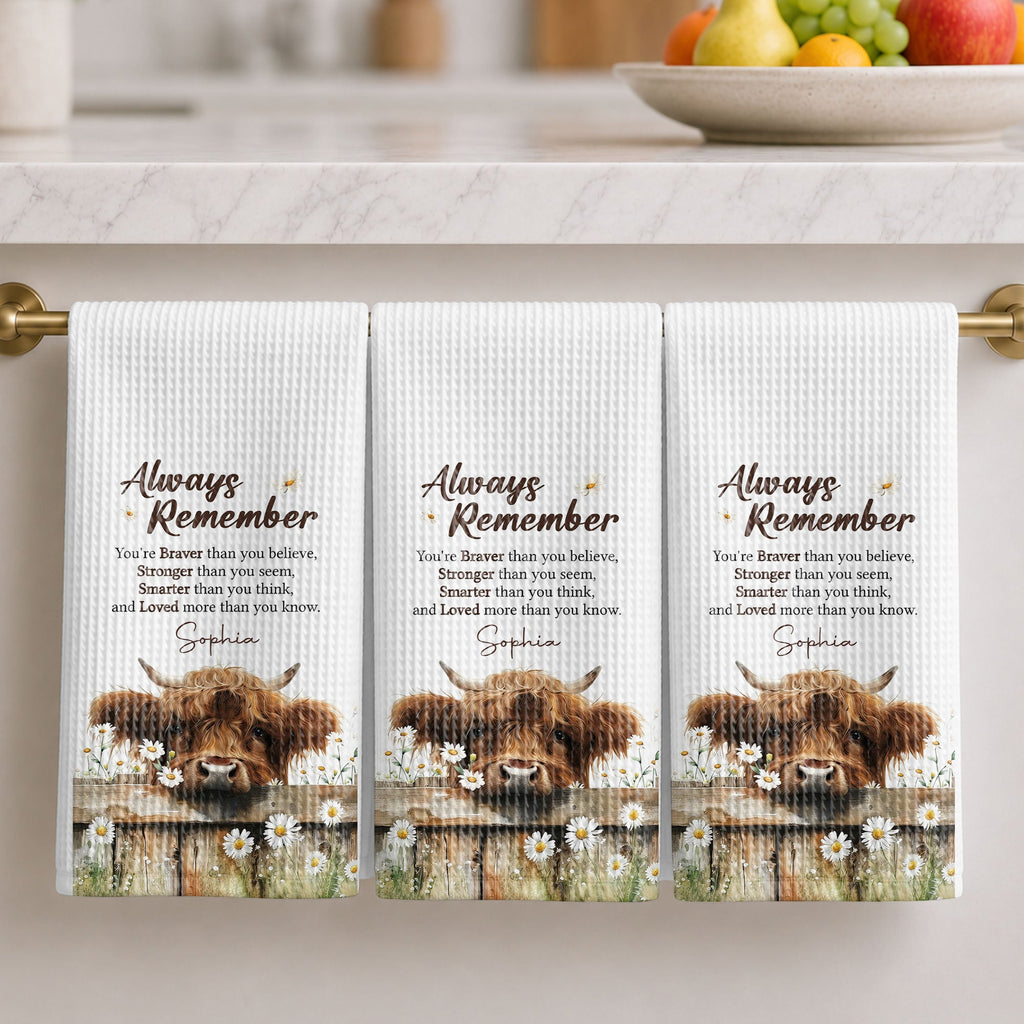 Personalized Kitchen Towel Custom Name Highland Cow Daisy Gift Kitchen Towel GradoCreations