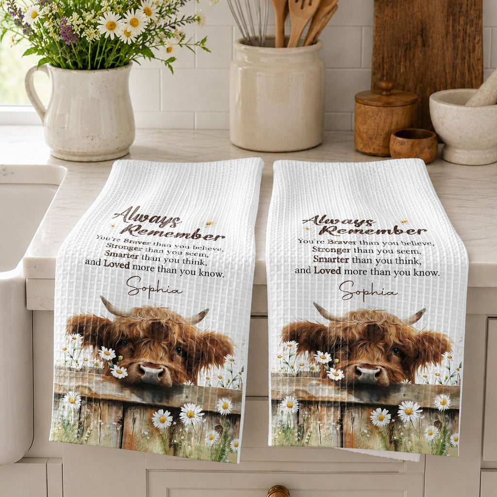 Personalized Kitchen Towel Custom Name Highland Cow Daisy Gift Kitchen Towel GradoCreations