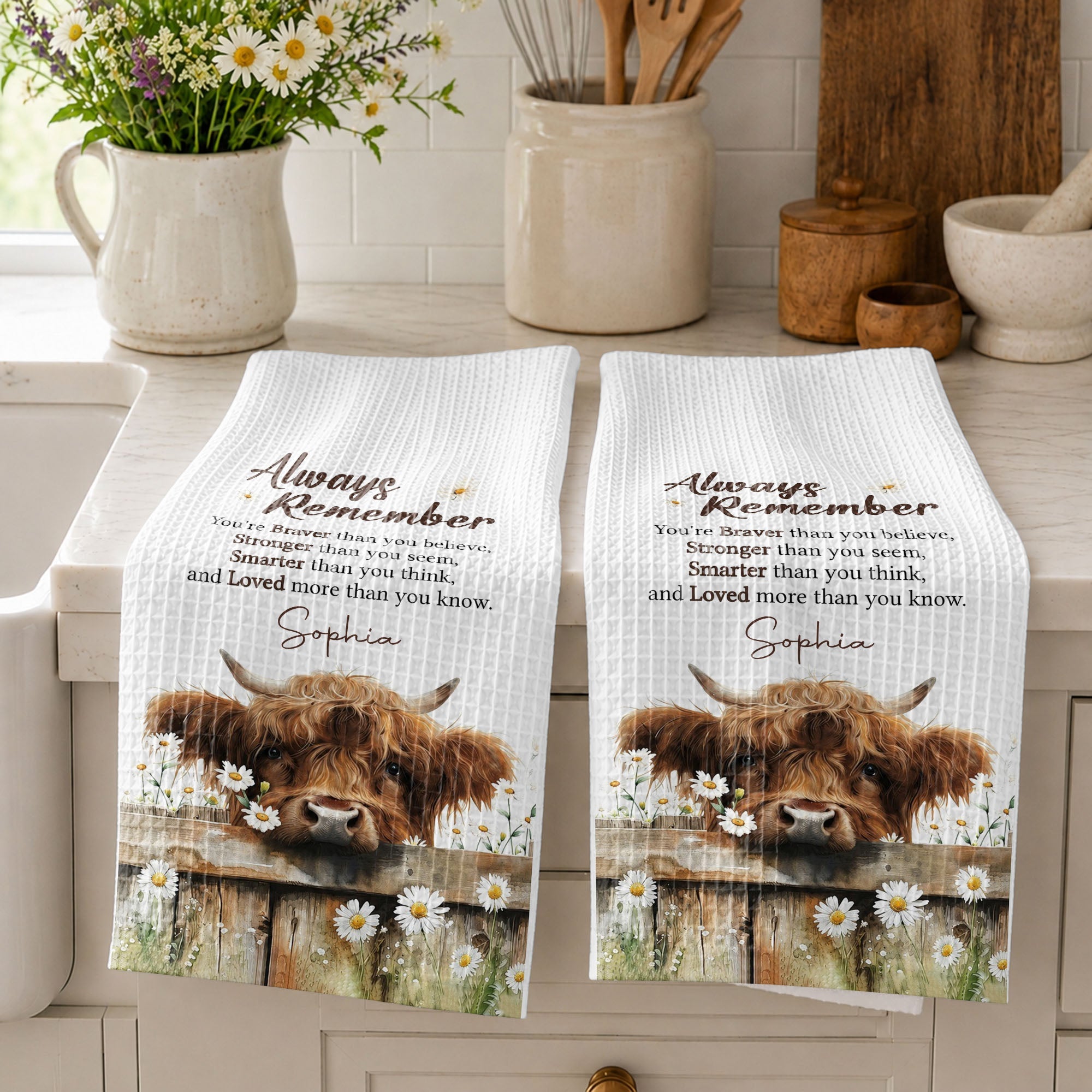 Personalized Kitchen Towel Custom Name Highland Cow Daisy Gift Kitchen Towel GradoCreations