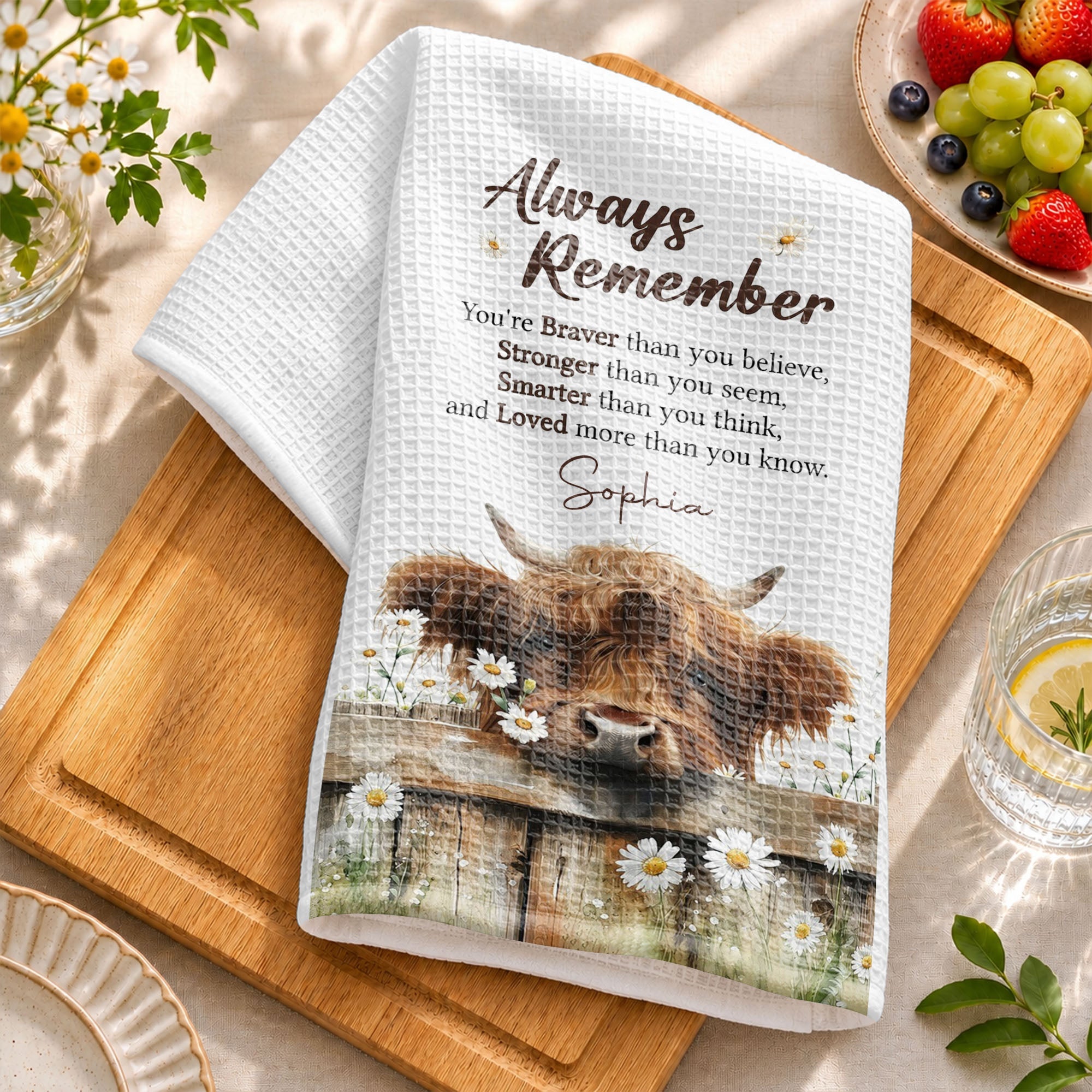 Personalized Kitchen Towel Custom Name Highland Cow Daisy Gift Kitchen Towel GradoCreations