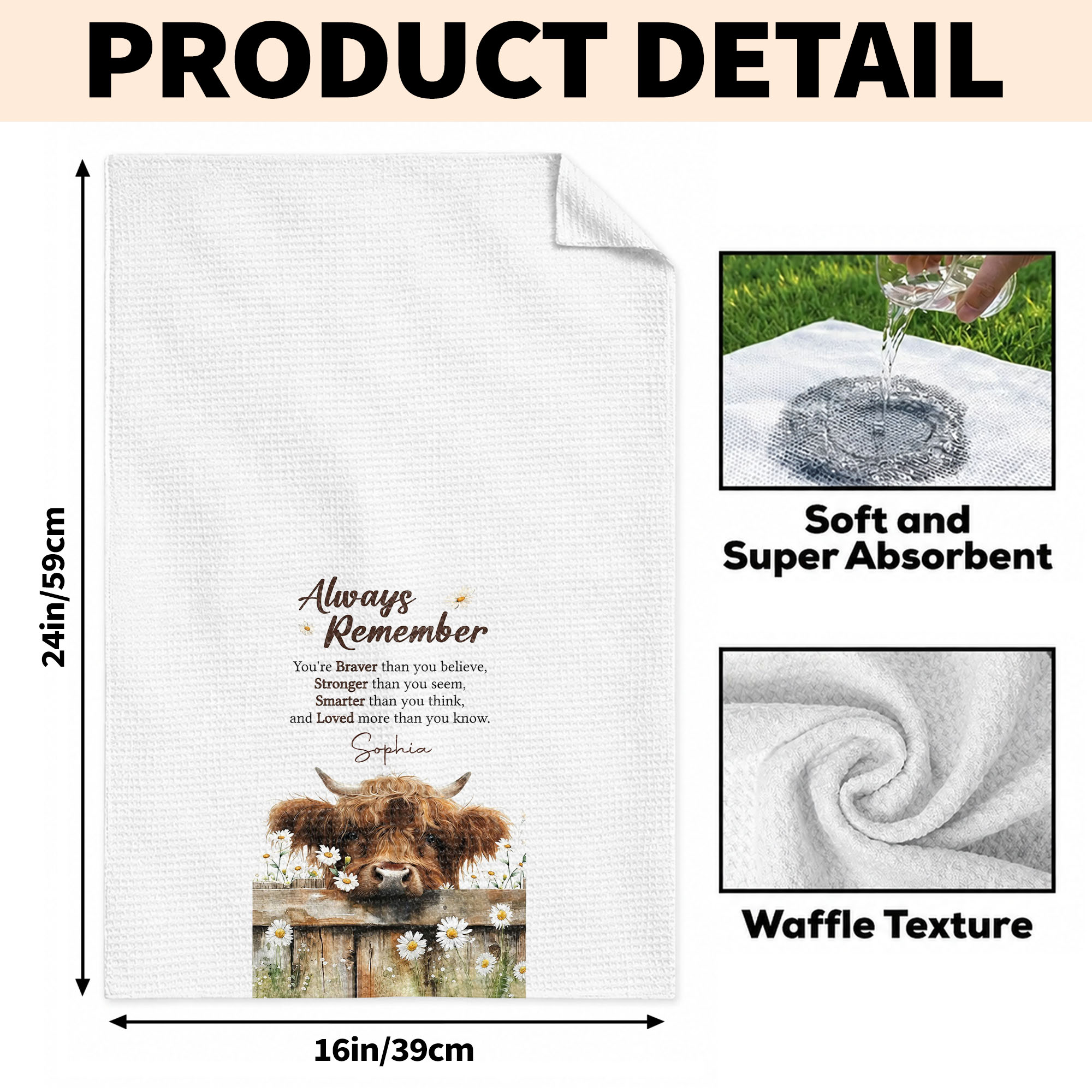 Personalized Kitchen Towel Custom Name Highland Cow Daisy Gift Kitchen Towel GradoCreations
