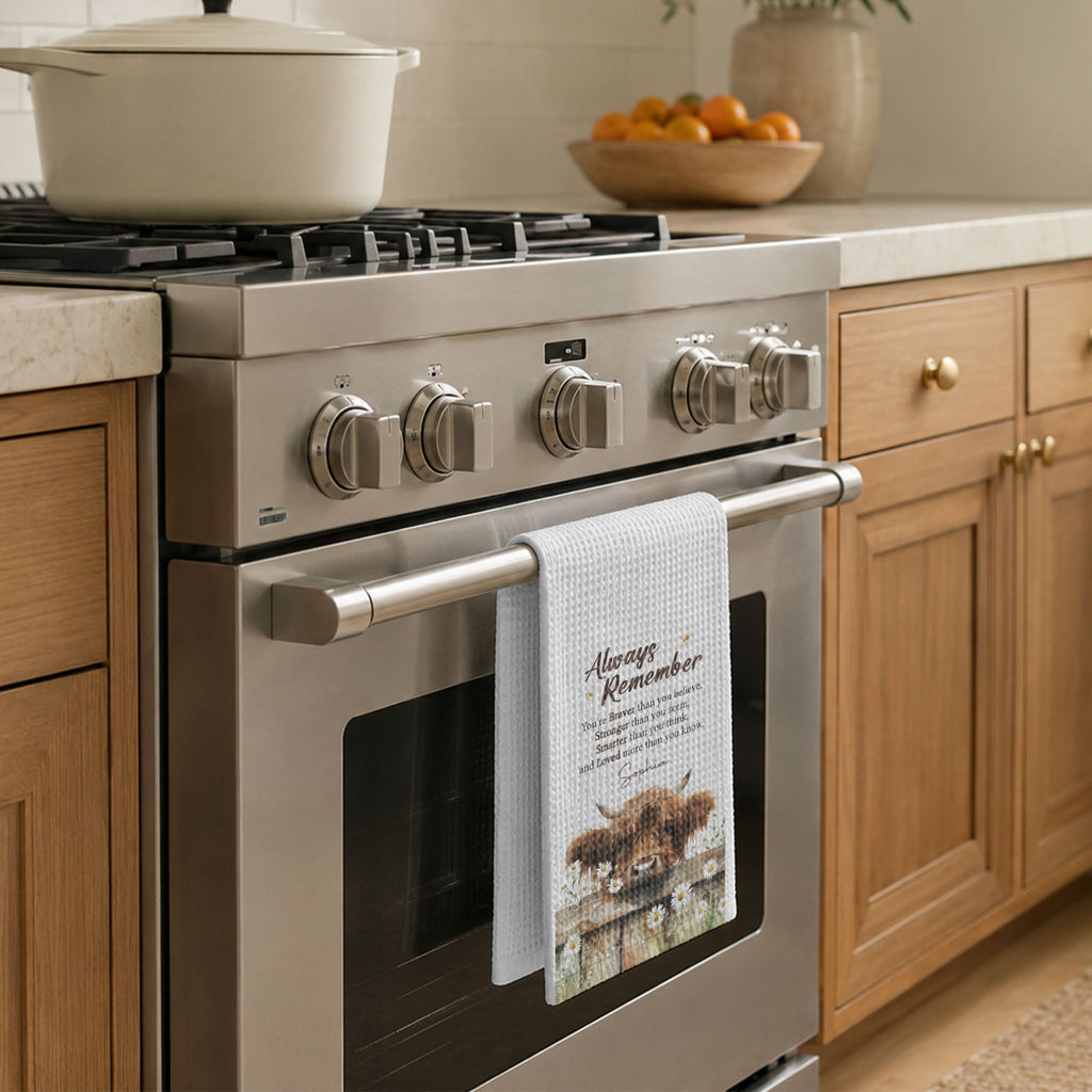 Personalized Kitchen Towel Custom Name Highland Cow Daisy Gift Kitchen Towel GradoCreations