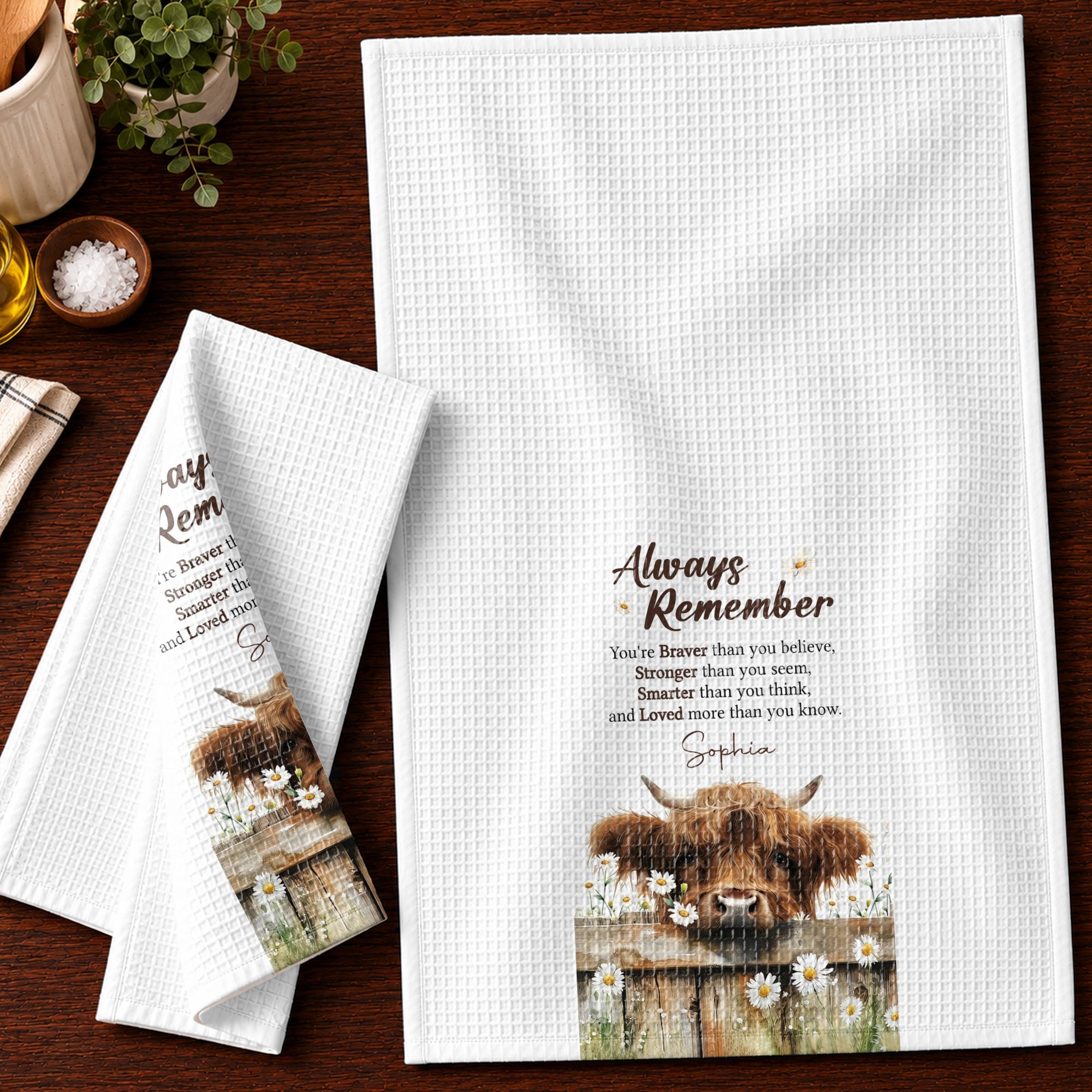 Personalized Kitchen Towel Custom Name Highland Cow Daisy Gift Kitchen Towel GradoCreations