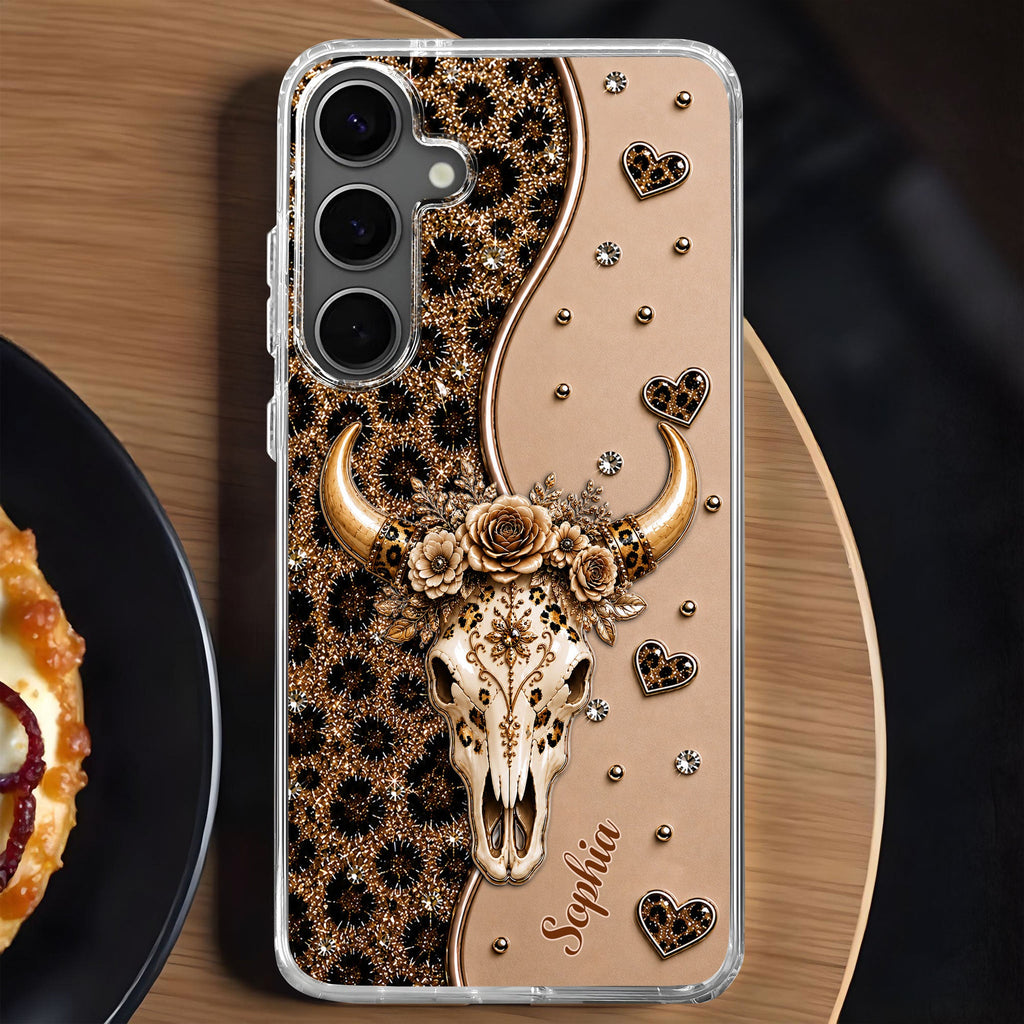 Personalized Clear Phone Case Bull Skull Leopard Flowers Gift for Her Clear Phone Case GradoCreations