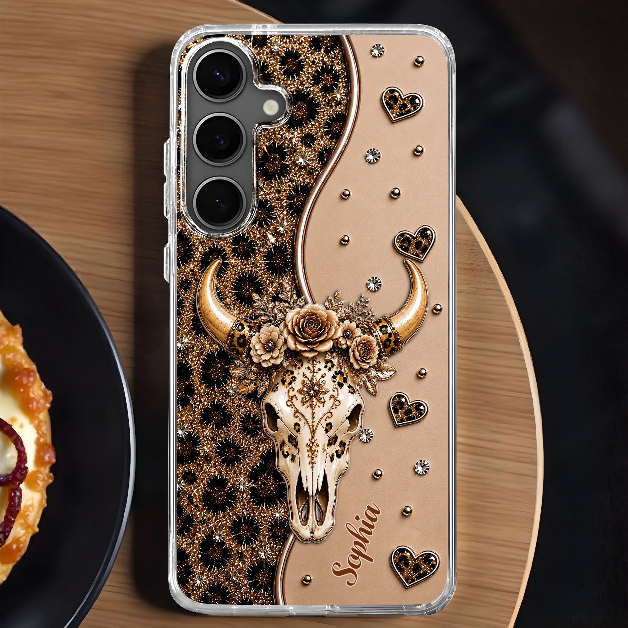 Personalized Clear Phone Case Bull Skull Leopard Flowers Gift for Her Clear Phone Case GradoCreations
