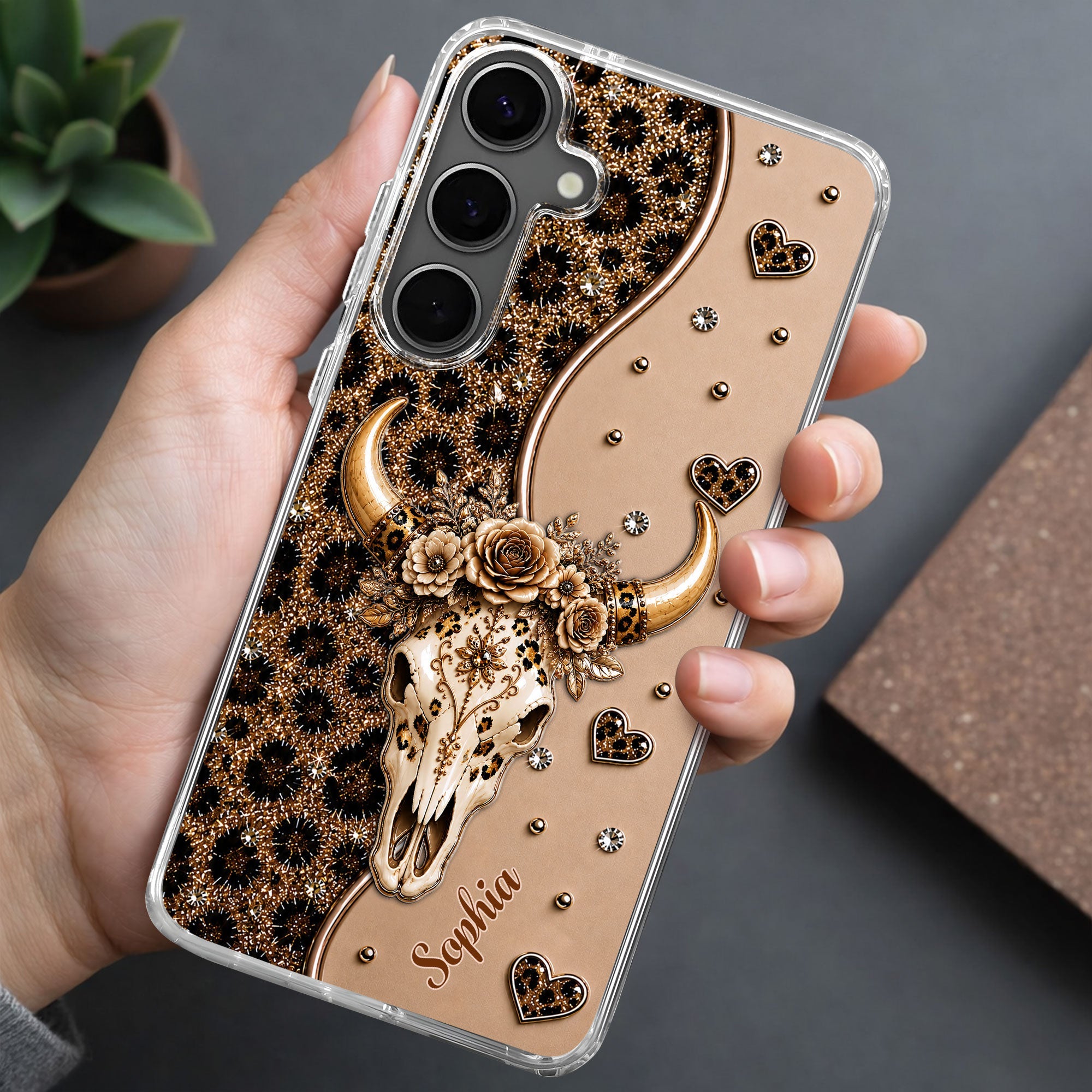 Personalized Clear Phone Case Bull Skull Leopard Flowers Gift for Her Clear Phone Case GradoCreations