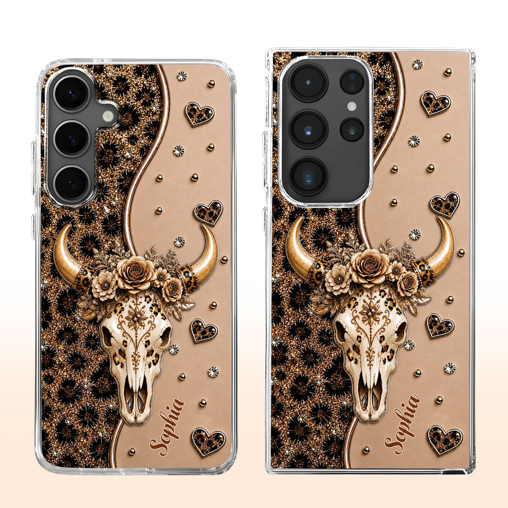 Personalized Clear Phone Case Bull Skull Leopard Flowers Gift for Her Clear Phone Case GradoCreations