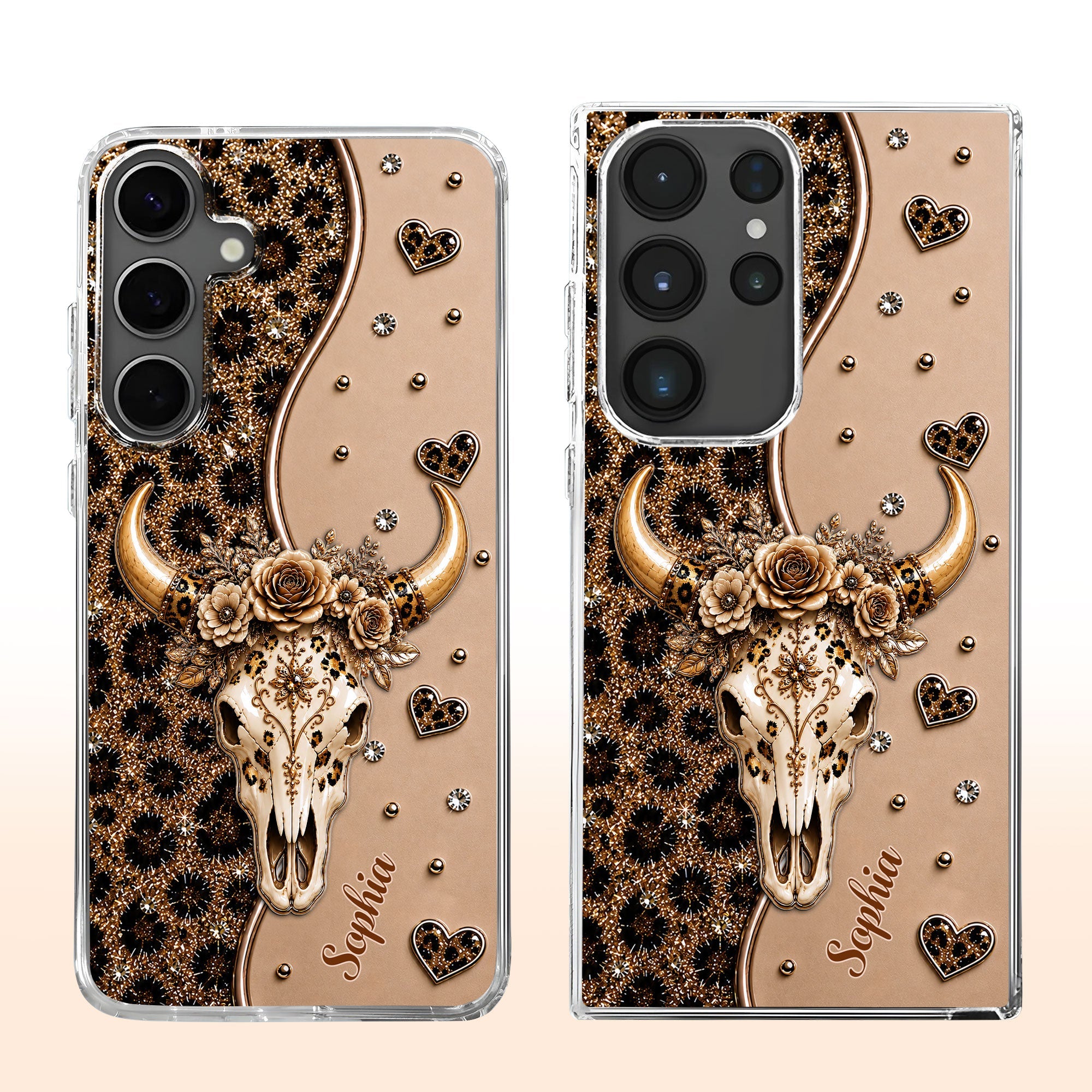Personalized Clear Phone Case Bull Skull Leopard Flowers Gift for Her Clear Phone Case GradoCreations