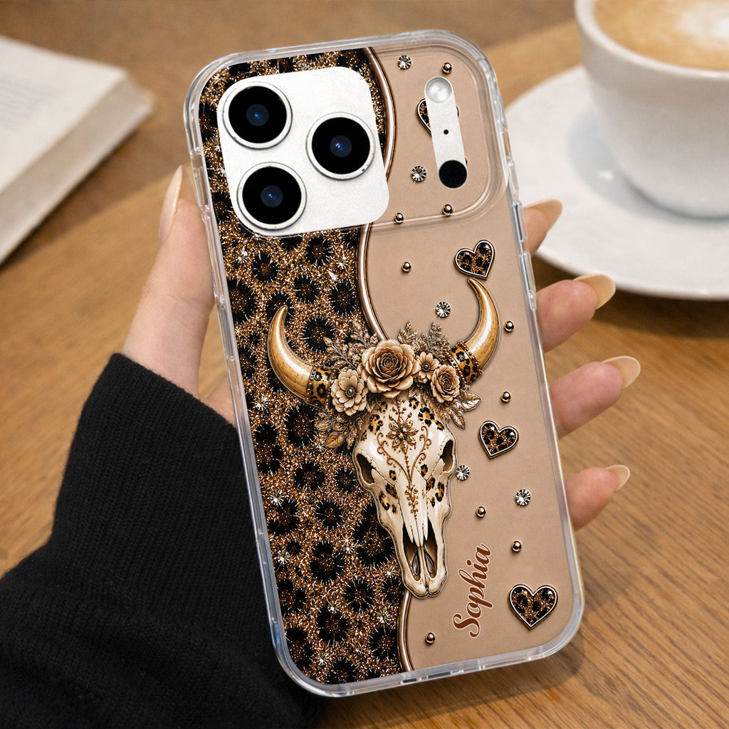 Personalized Clear Phone Case Bull Skull Leopard Flowers Gift for Her Clear Phone Case GradoCreations