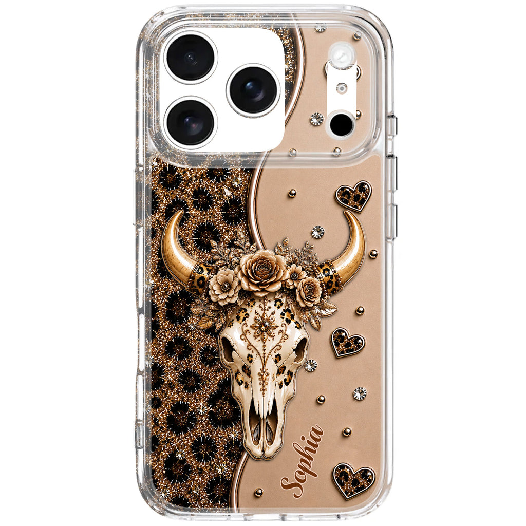 Personalized Clear Phone Case Bull Skull Leopard Flowers Gift for Her Clear Phone Case GradoCreations