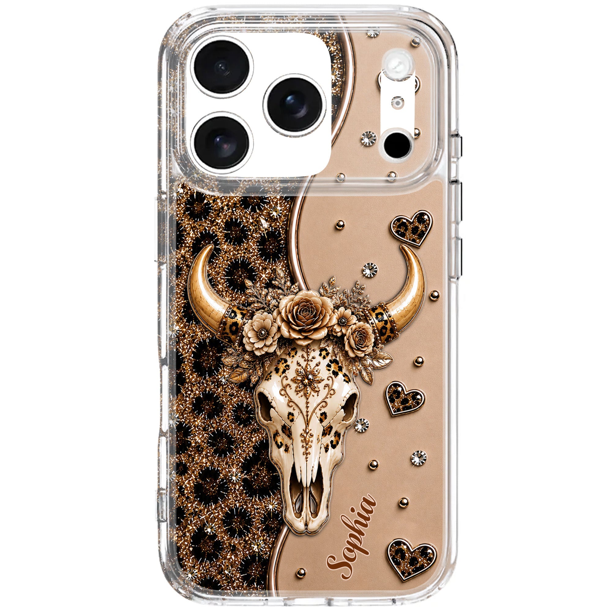 Personalized Clear Phone Case Bull Skull Leopard Flowers Gift for Her Clear Phone Case GradoCreations