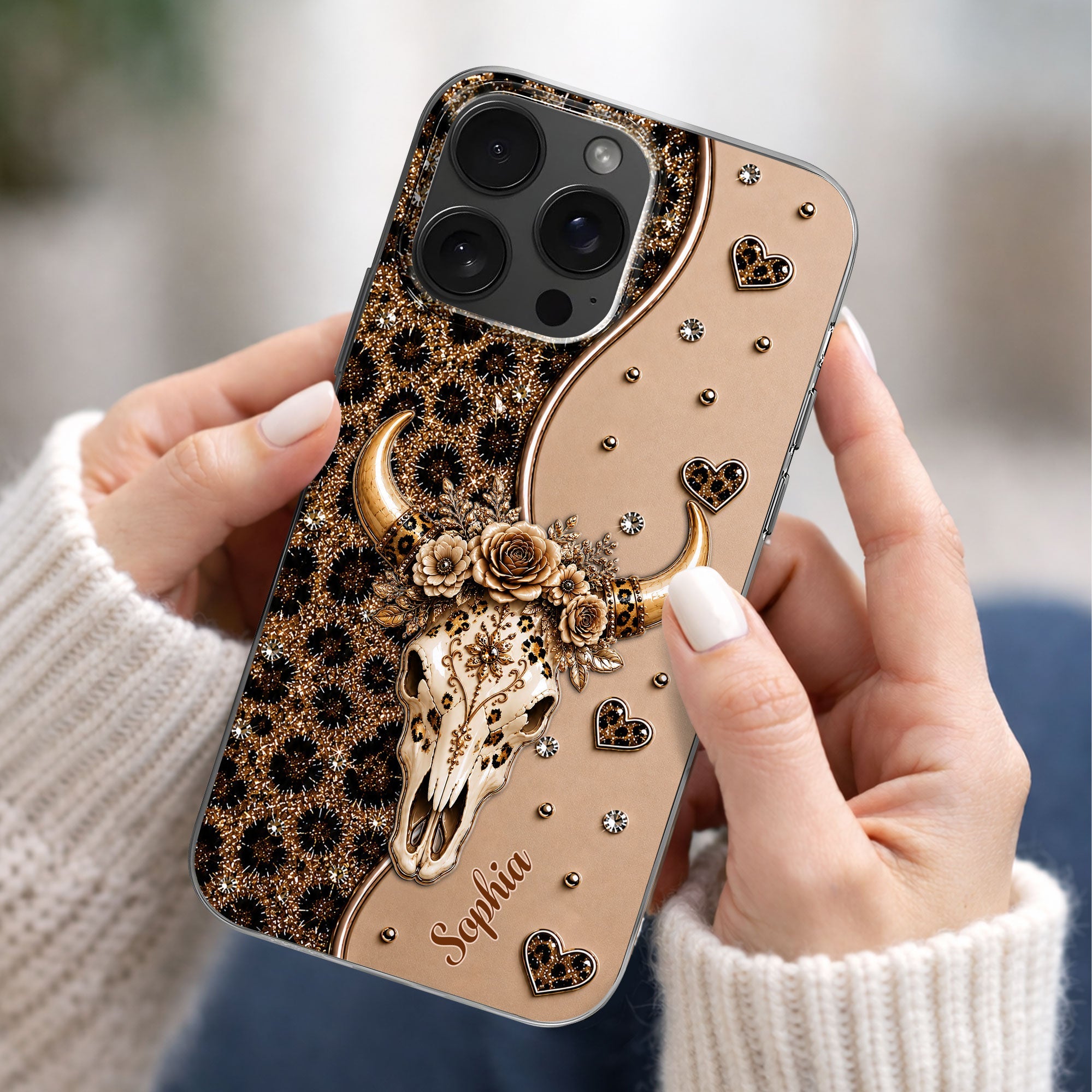 Personalized Clear Phone Case Bull Skull Leopard Flowers Gift for Her Clear Phone Case GradoCreations