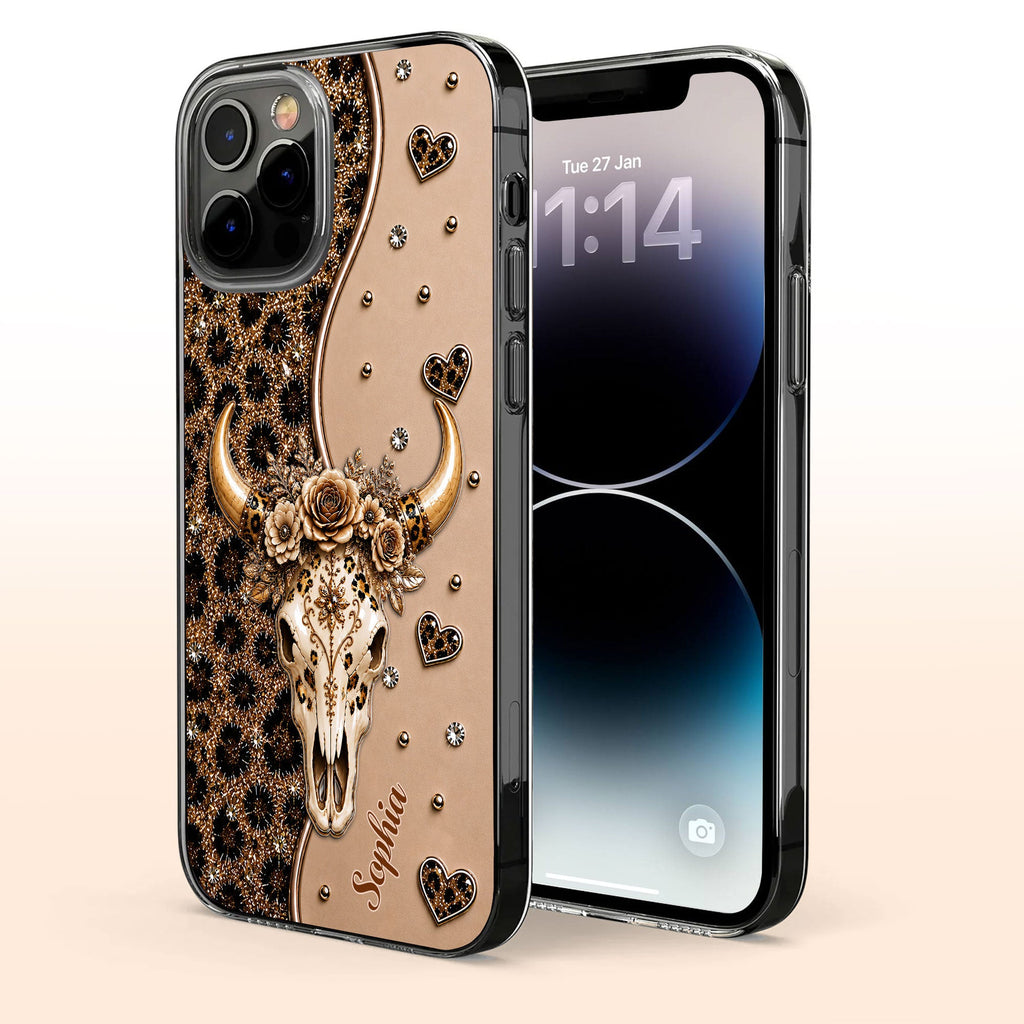 Personalized Clear Phone Case Bull Skull Leopard Flowers Gift for Her Clear Phone Case GradoCreations