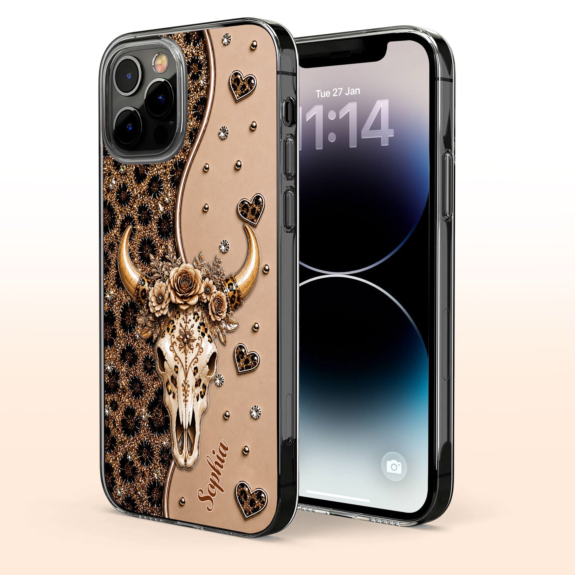 Personalized Clear Phone Case Bull Skull Leopard Flowers Gift for Her Clear Phone Case GradoCreations