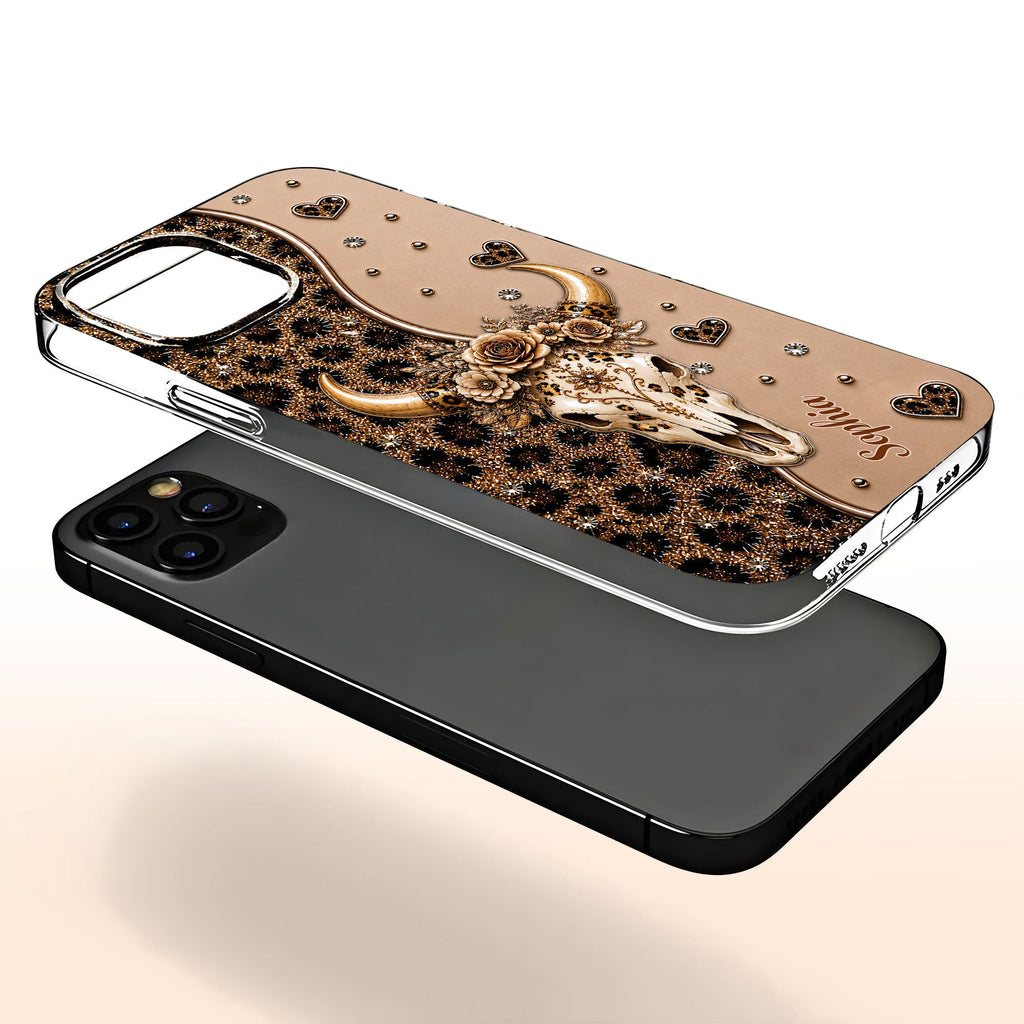 Personalized Clear Phone Case Bull Skull Leopard Flowers Gift for Her Clear Phone Case GradoCreations