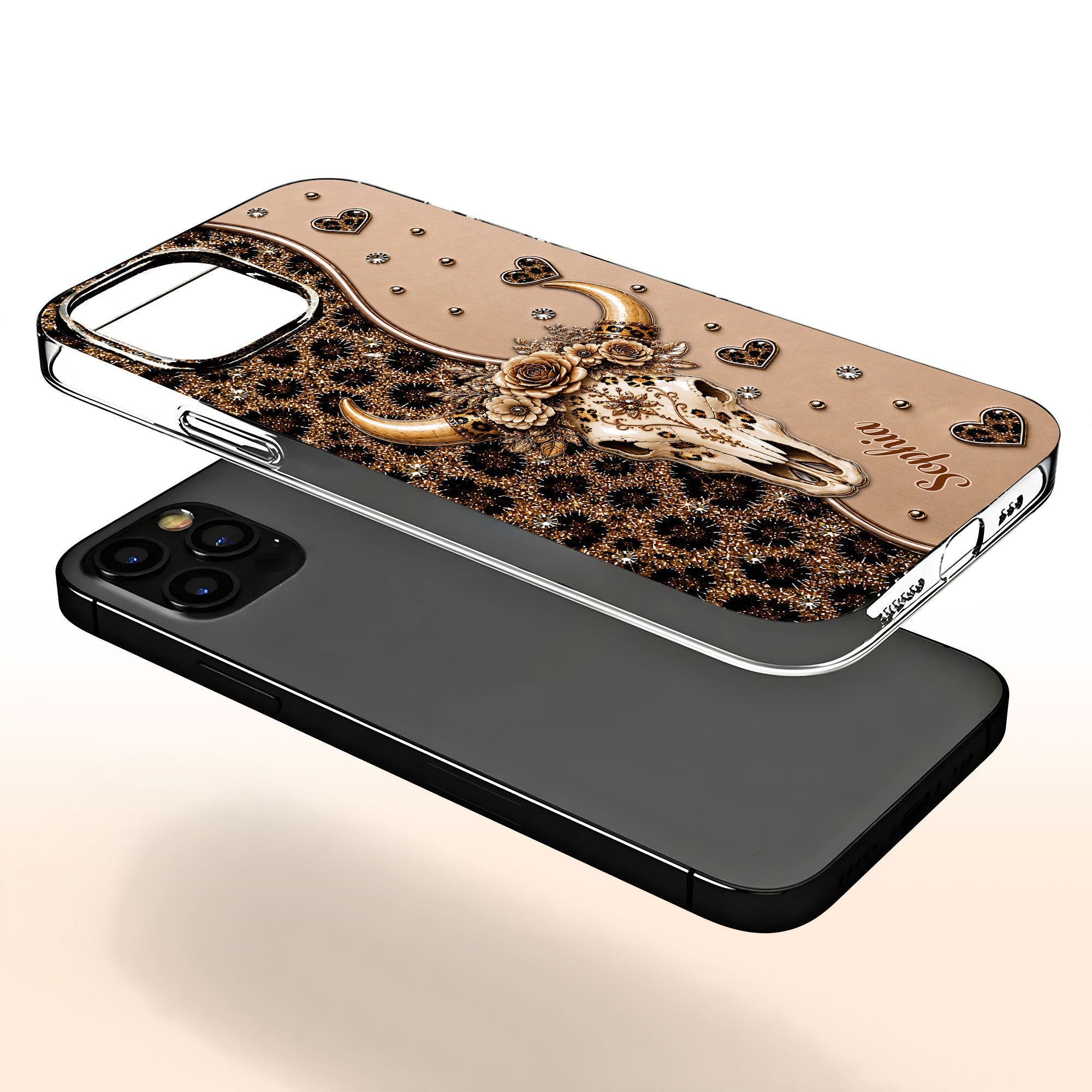 Personalized Clear Phone Case Bull Skull Leopard Flowers Gift for Her Clear Phone Case GradoCreations