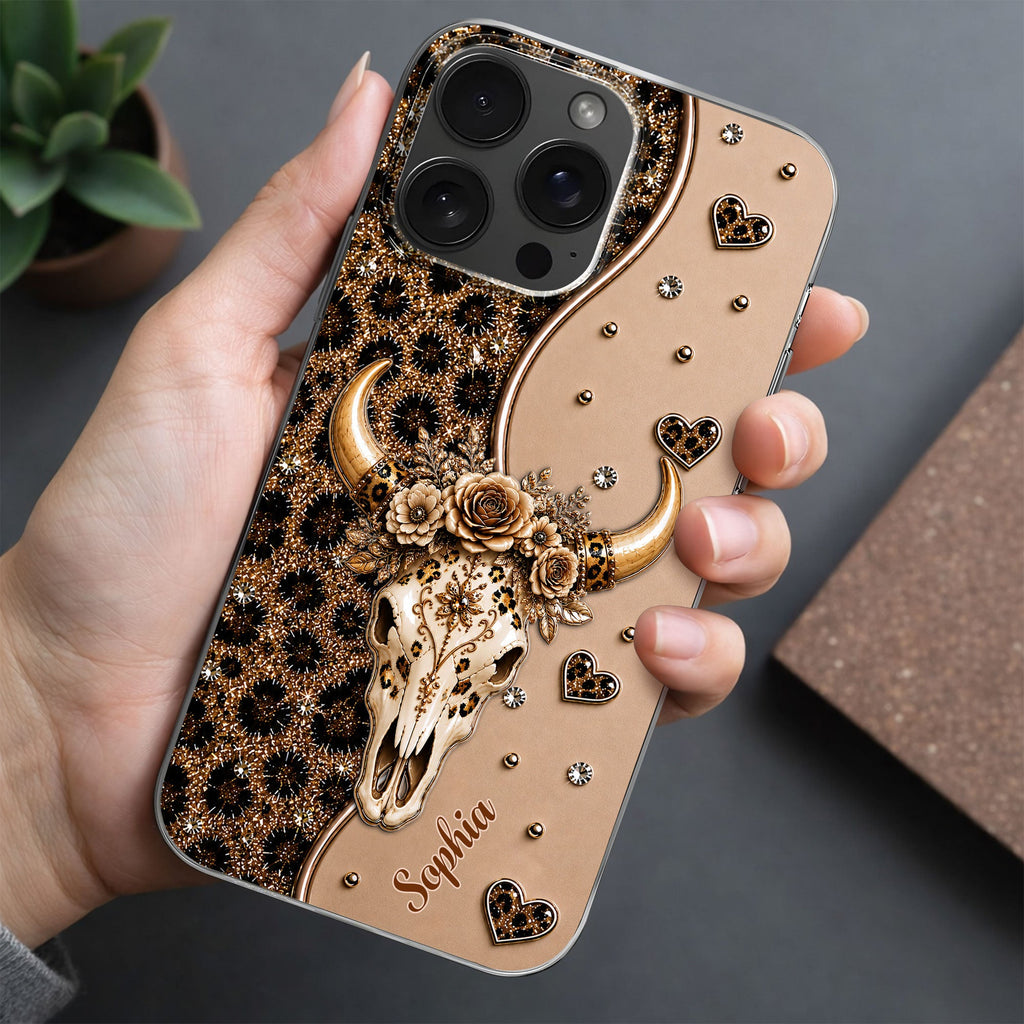 Personalized Clear Phone Case Bull Skull Leopard Flowers Gift for Her Clear Phone Case GradoCreations