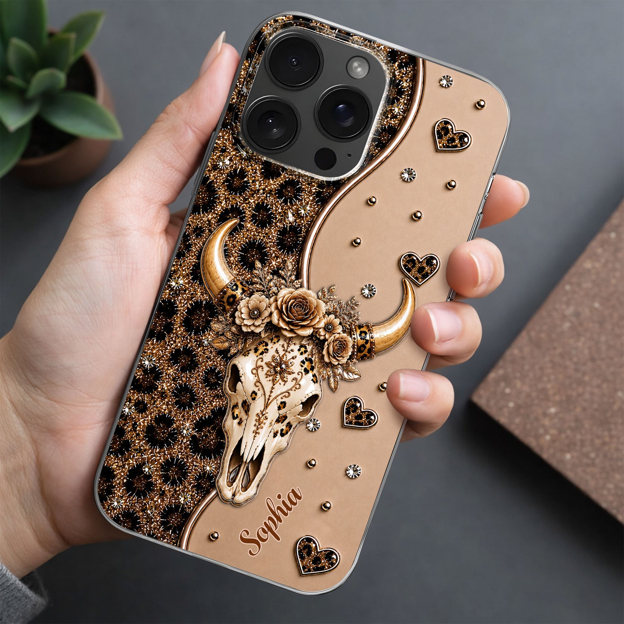 Personalized Clear Phone Case Bull Skull Leopard Flowers Gift for Her Clear Phone Case GradoCreations
