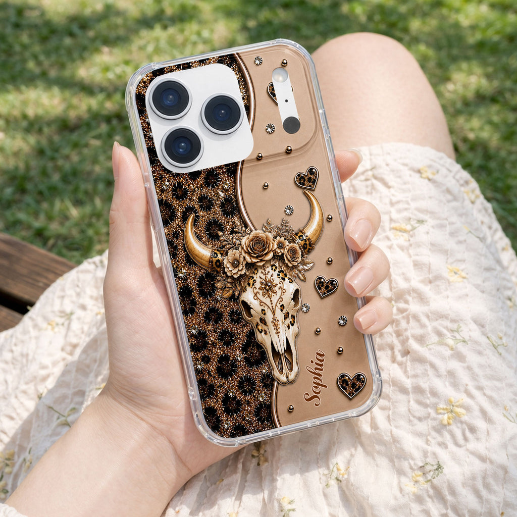 Personalized Clear Phone Case Bull Skull Leopard Flowers Gift for Her Clear Phone Case GradoCreations